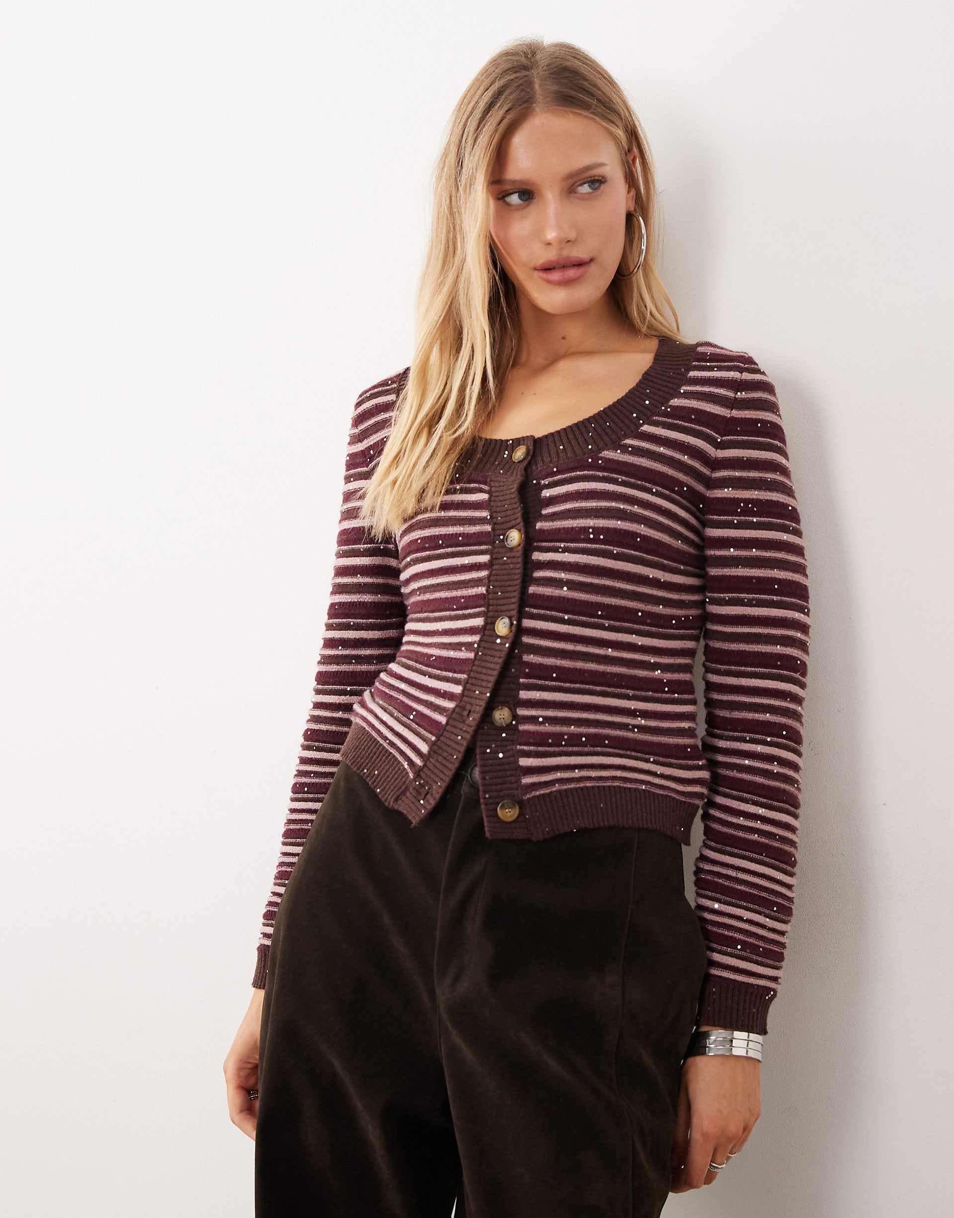 Motel aniha button down cardigan top in glitter stripe