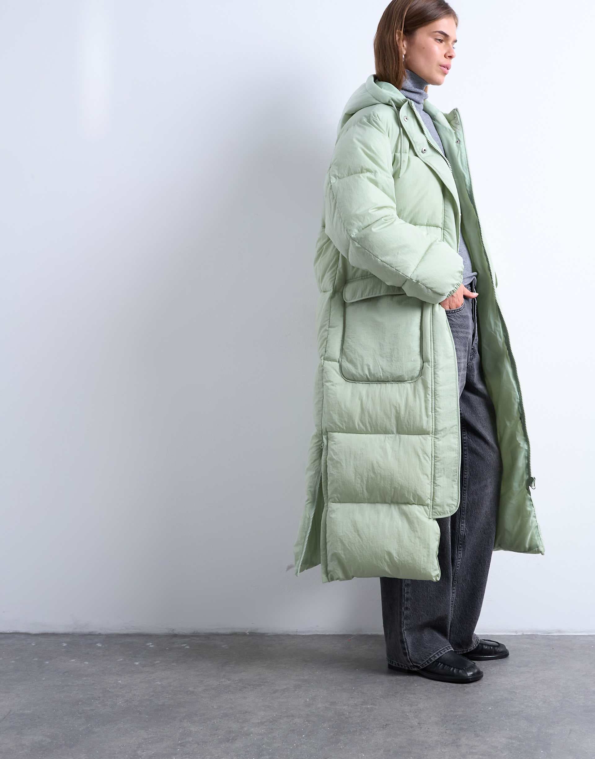 Topshop longline techy puffer jacket in green sage