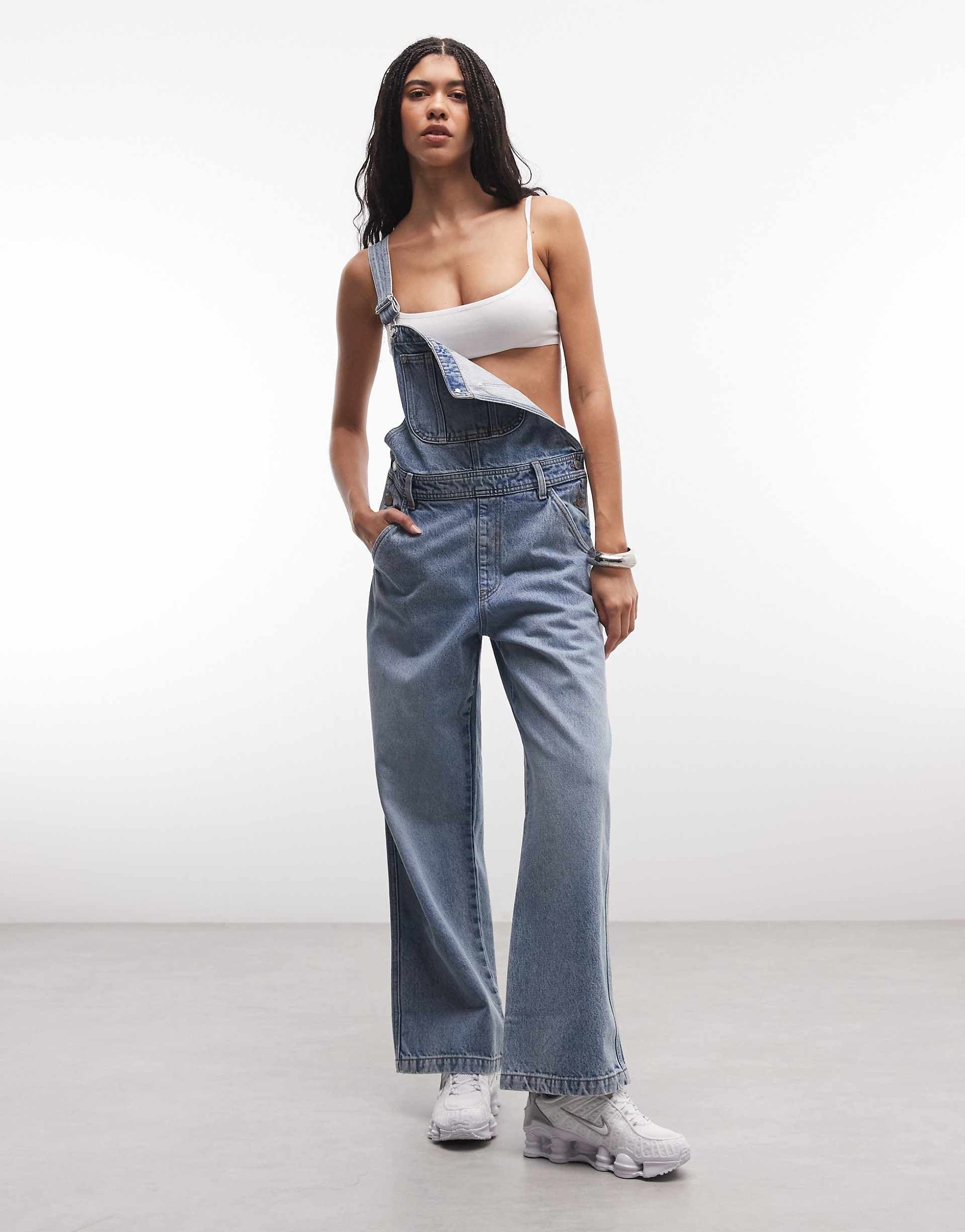 Monki 90s denim wide leg overalls jumpsuit in light blue wash