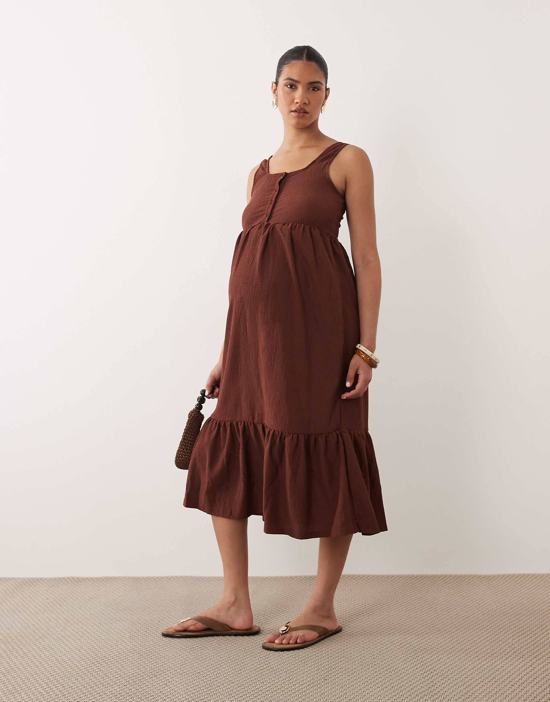 Mamalicious Maternity sleeveless nursing button function jersey midi dress in chocolate