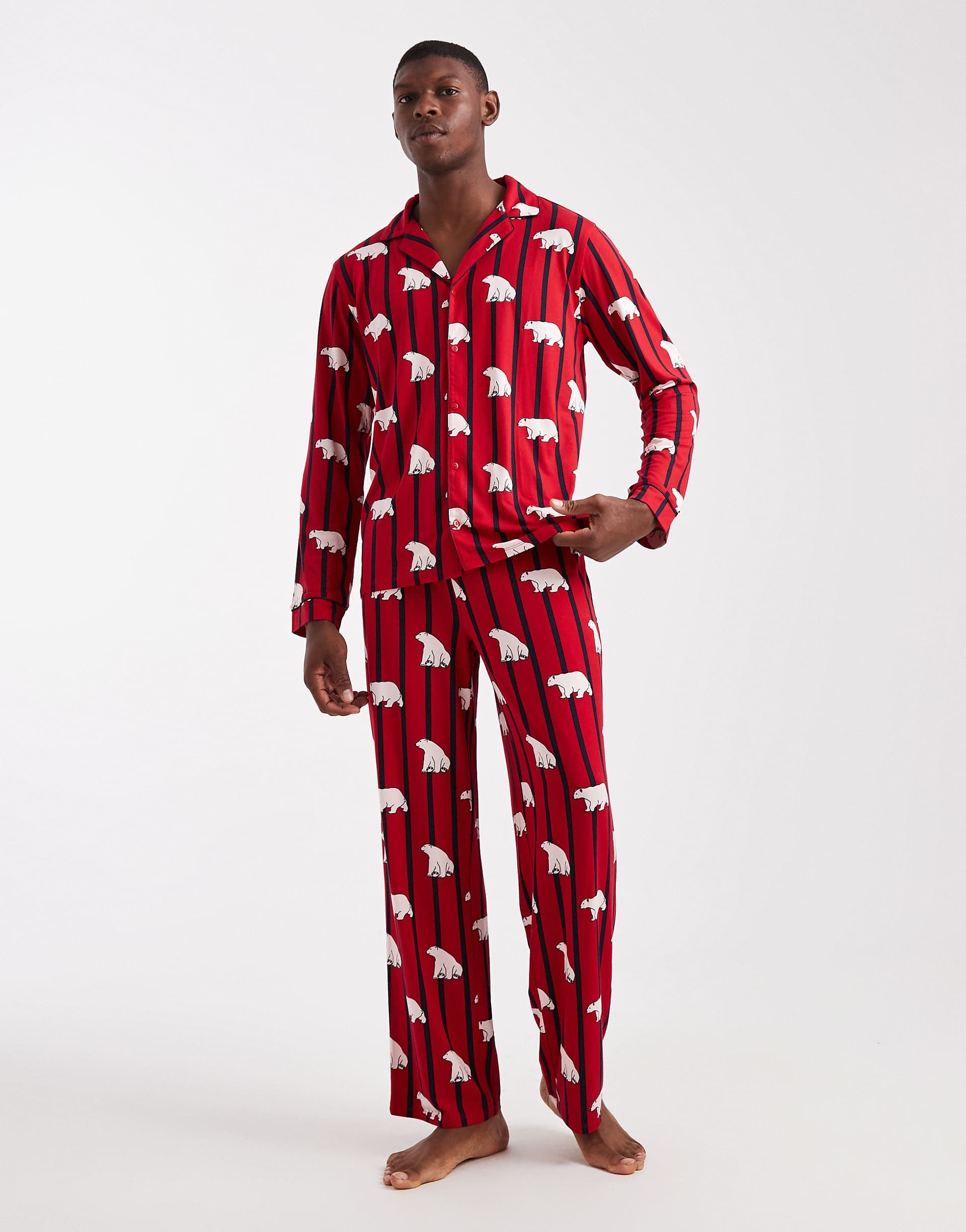 Urban Threads Christmas long sleeve revere and pants in polar bear stripe print