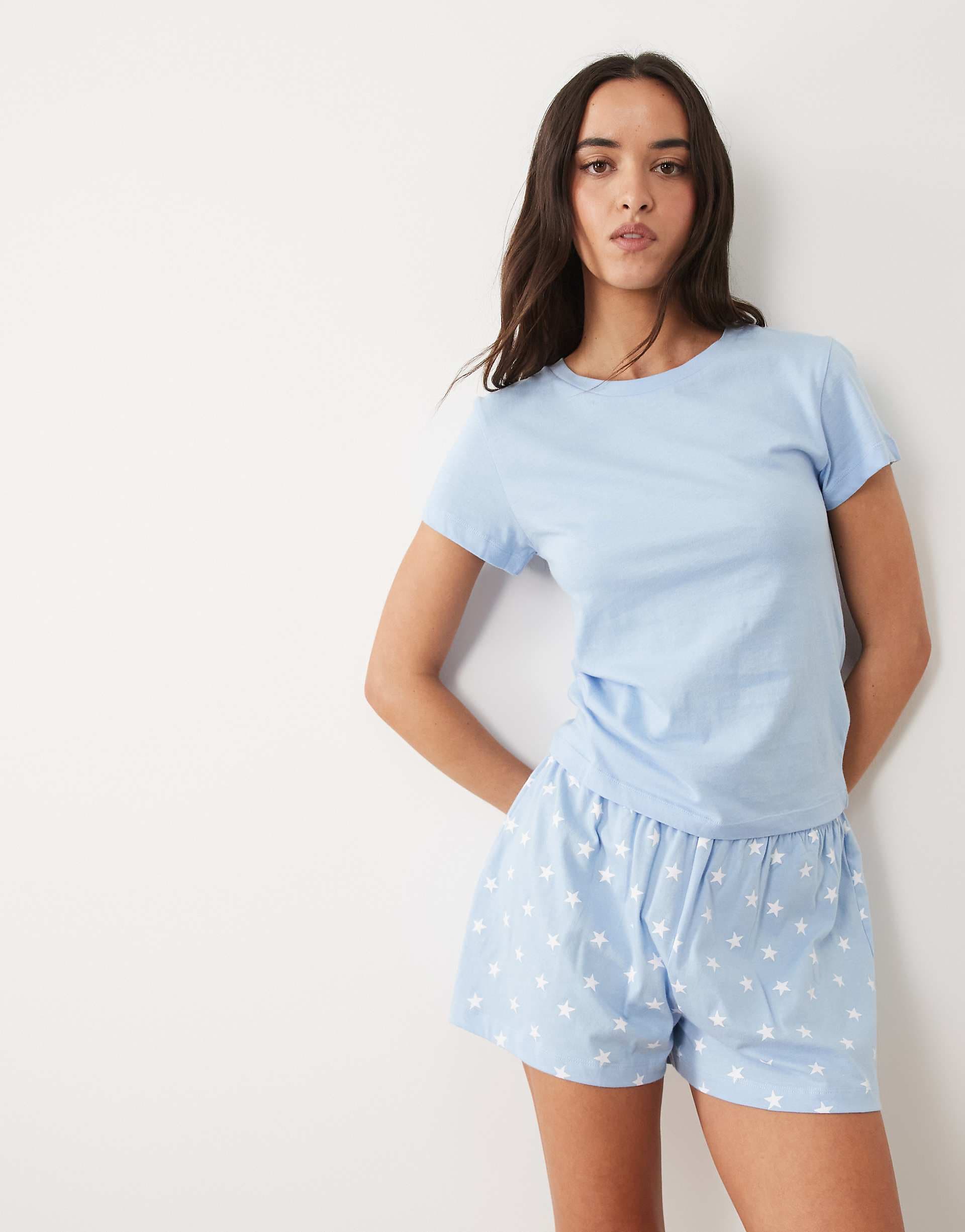 ASOS DESIGN baby tee & shorts pajama set in blue with star print