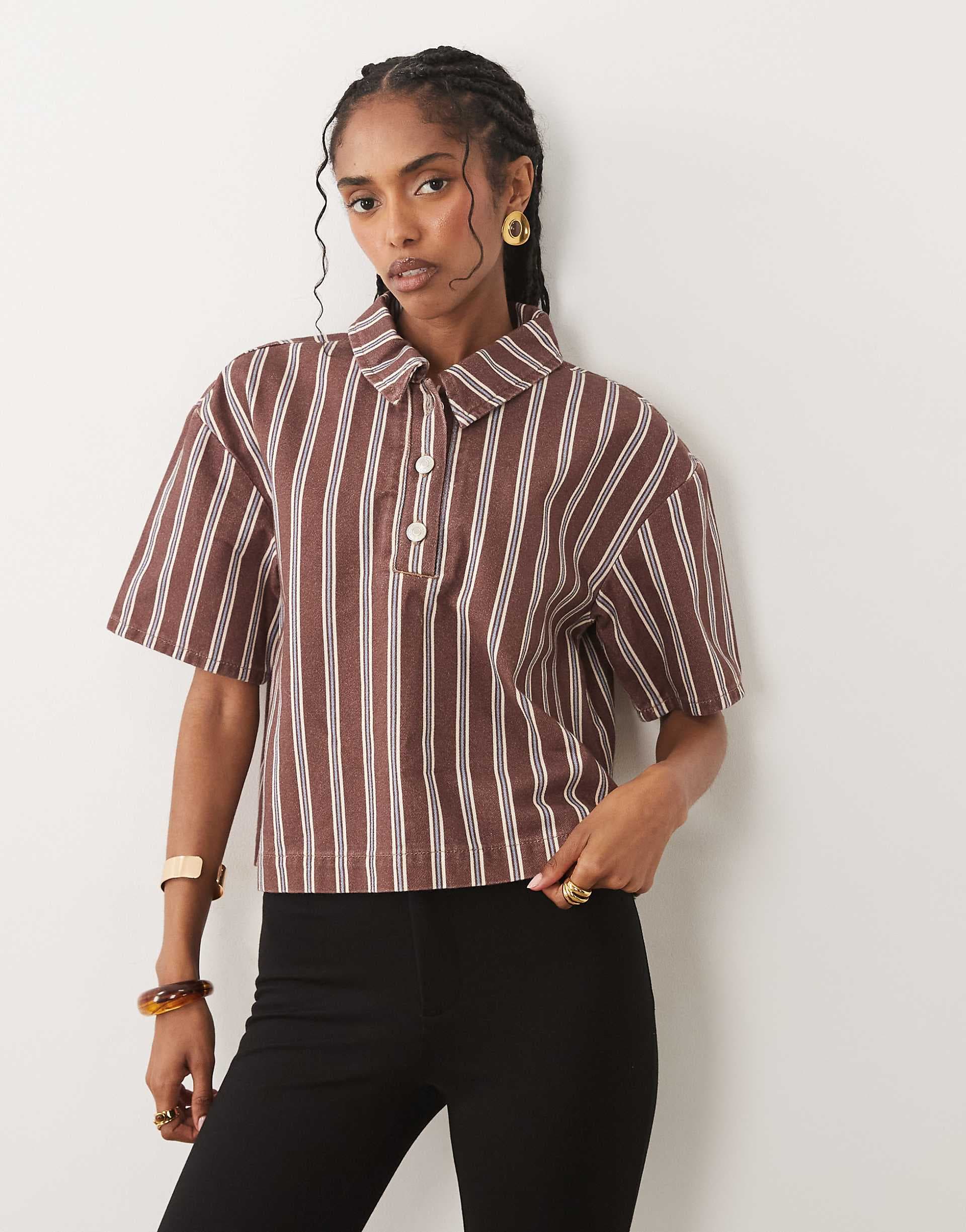 ASOS DESIGN boxy denim polo shirt in brown stripes