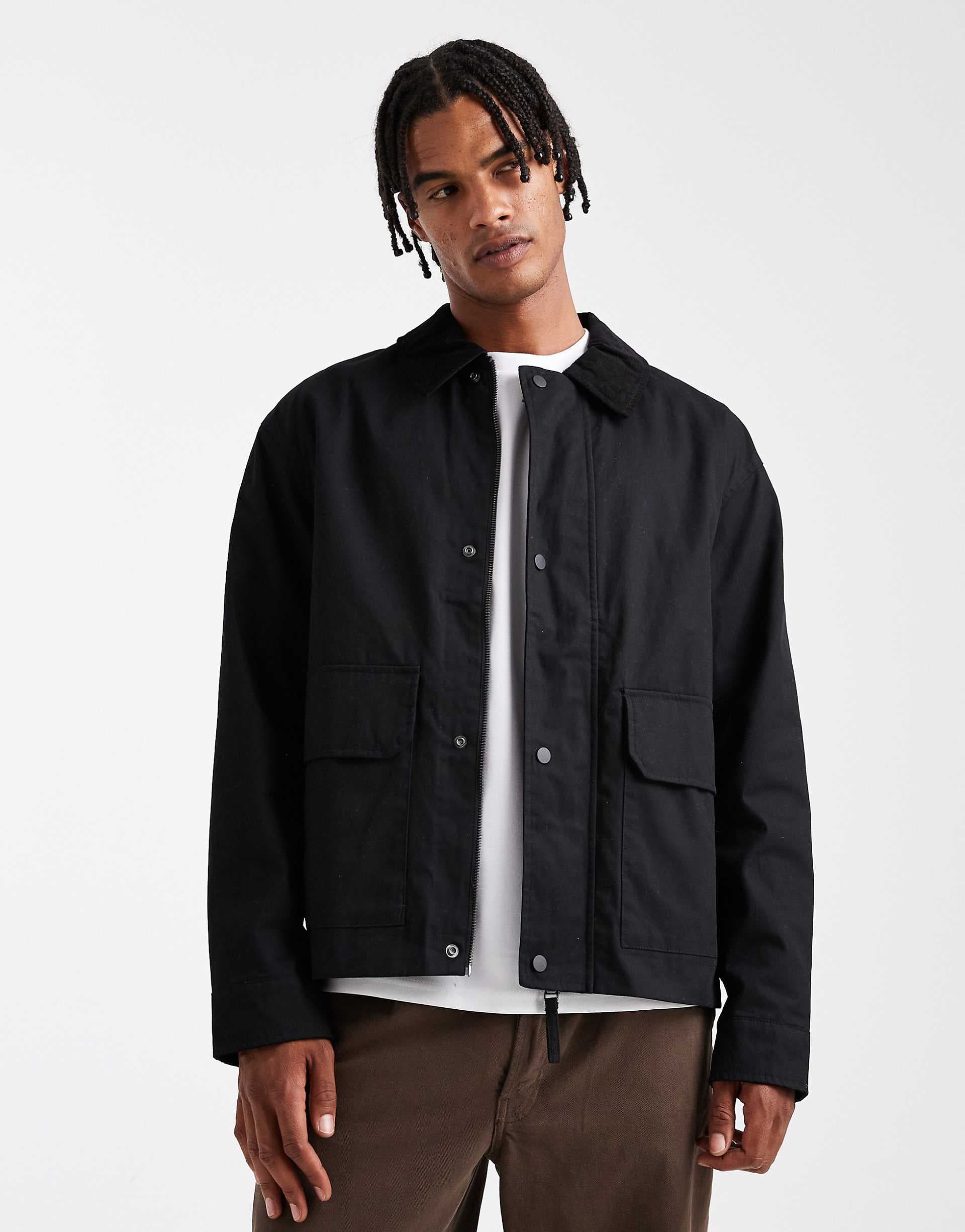 Jack & Jones worker jacket with corduroy collar in black