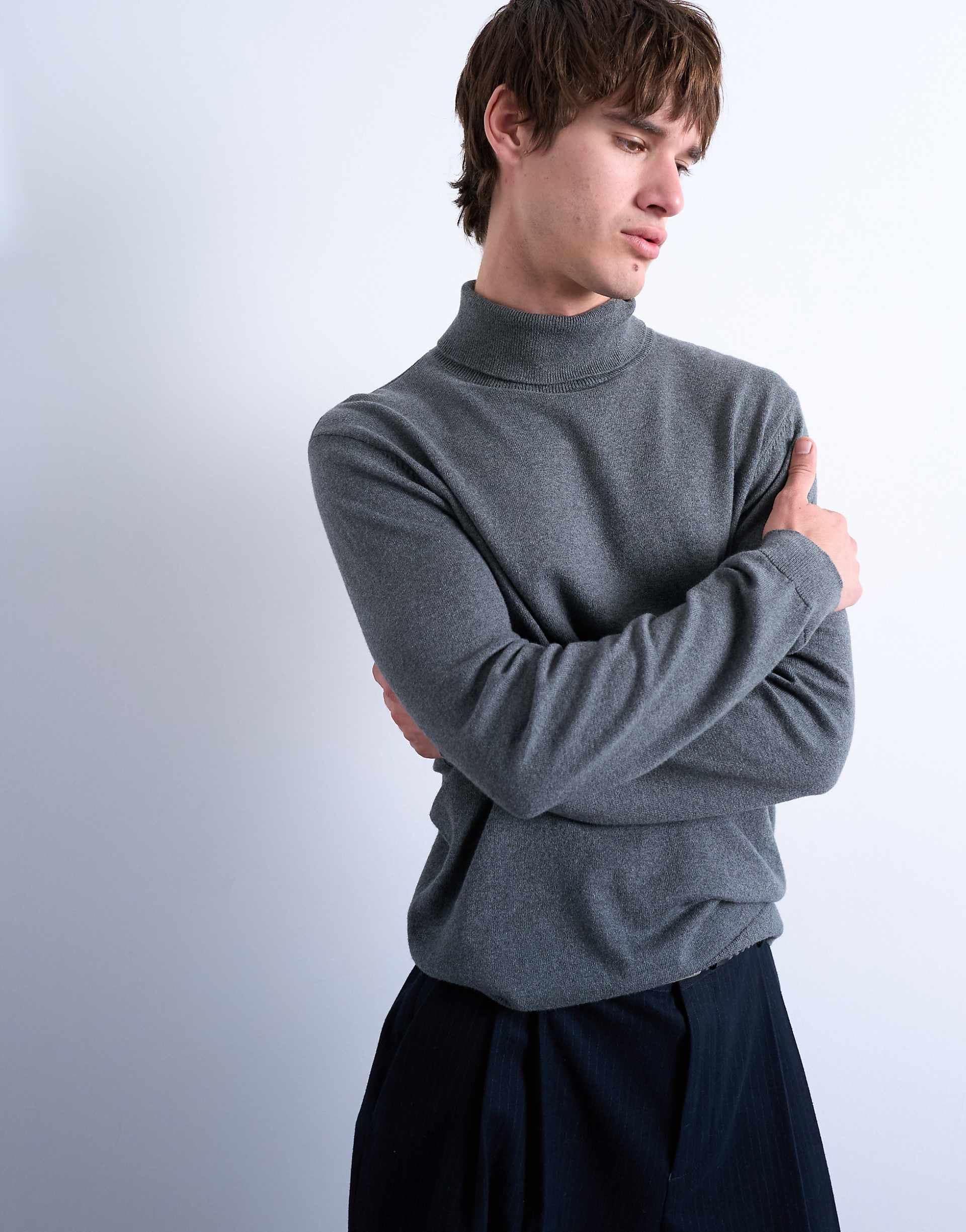 Topman essential knit turtleneck sweater in charcoal