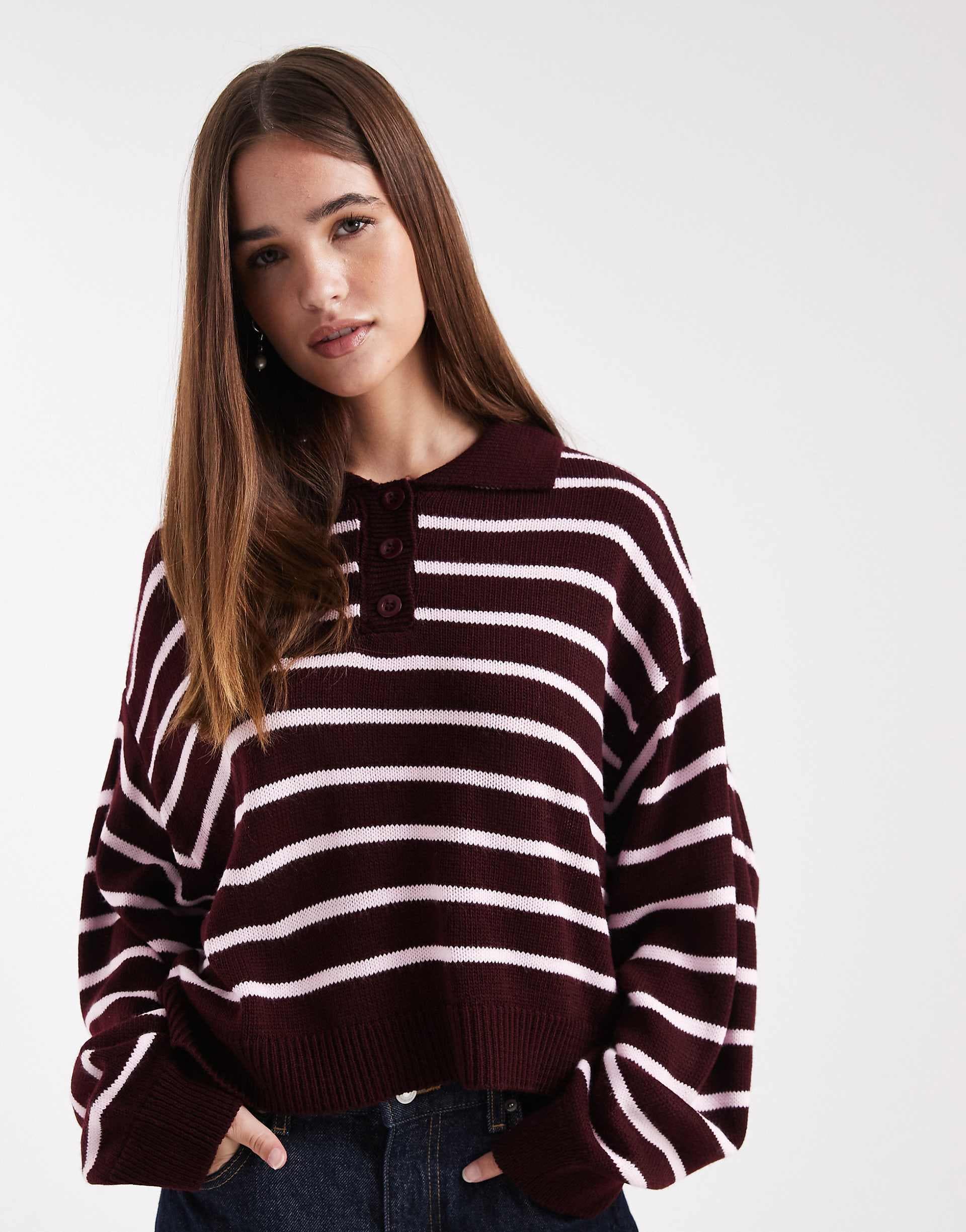 Miss Selfridge knit striped polo sweater in burgundy and pink