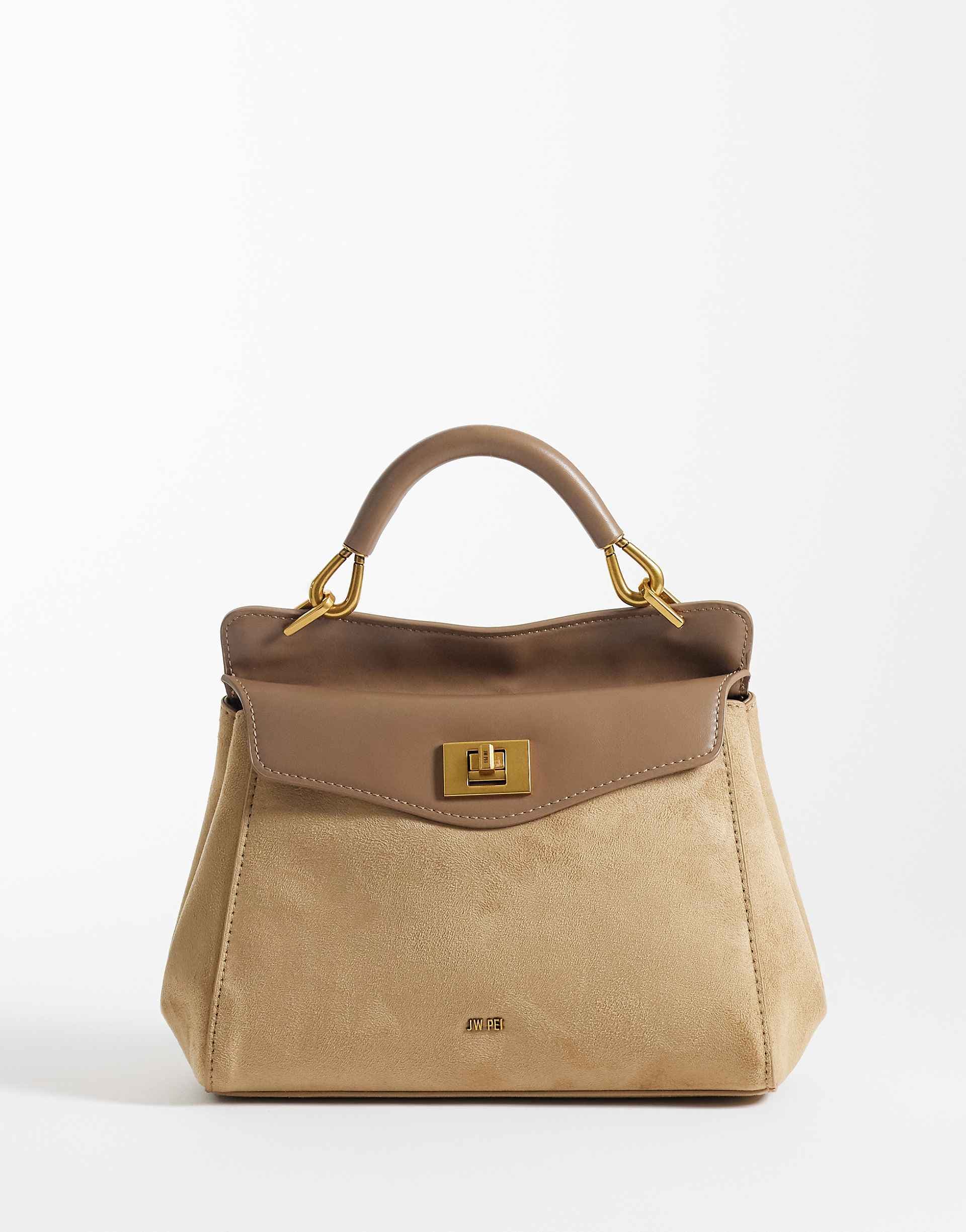 JW PEI Lucia classic faux suede top handle purse in taupe