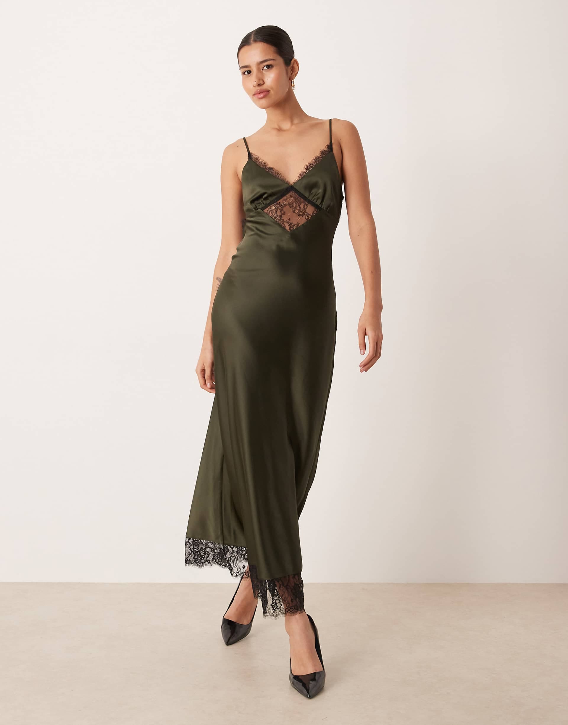 Gina Tricot satin lace maxi dress in dark green