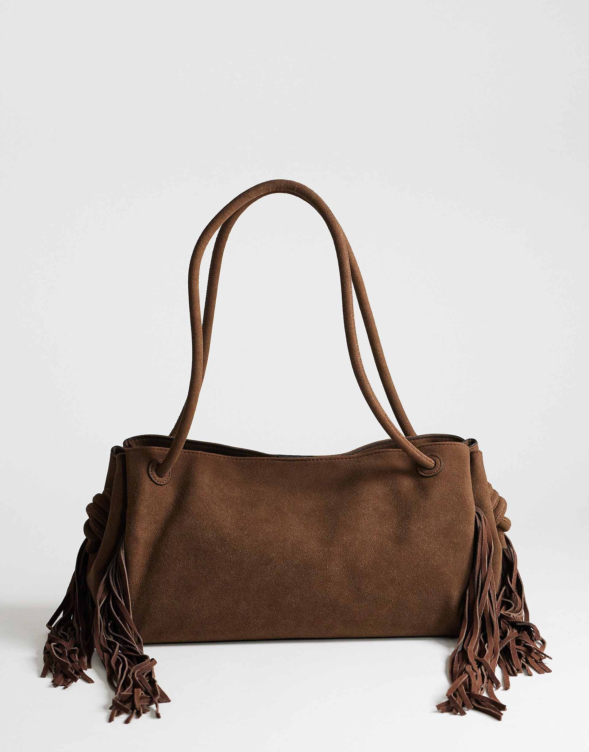 Topshop Maisie large shoulder bag with real leather tassels in chocolate