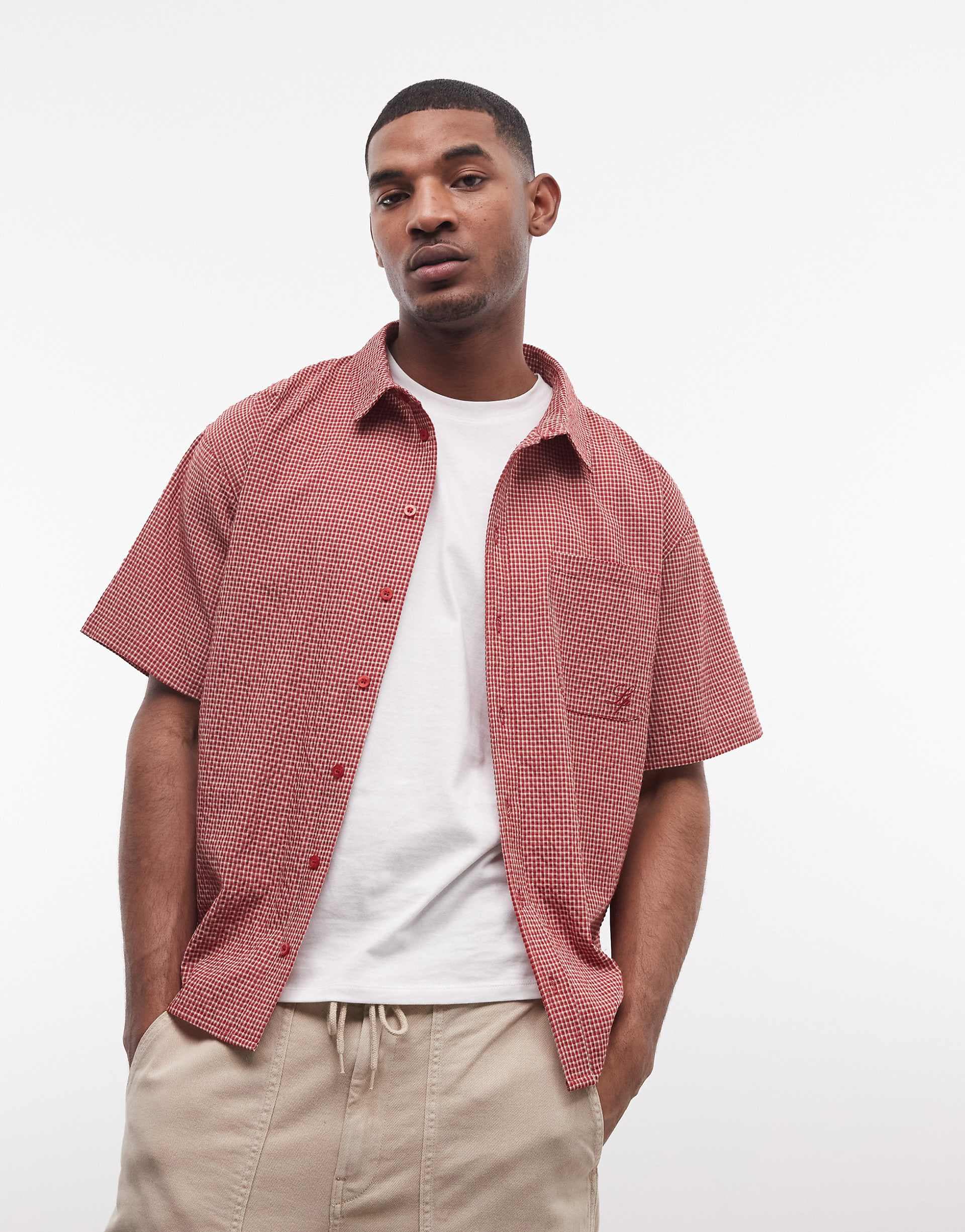 Liquor N Poker boxy shirt in red micro plaid