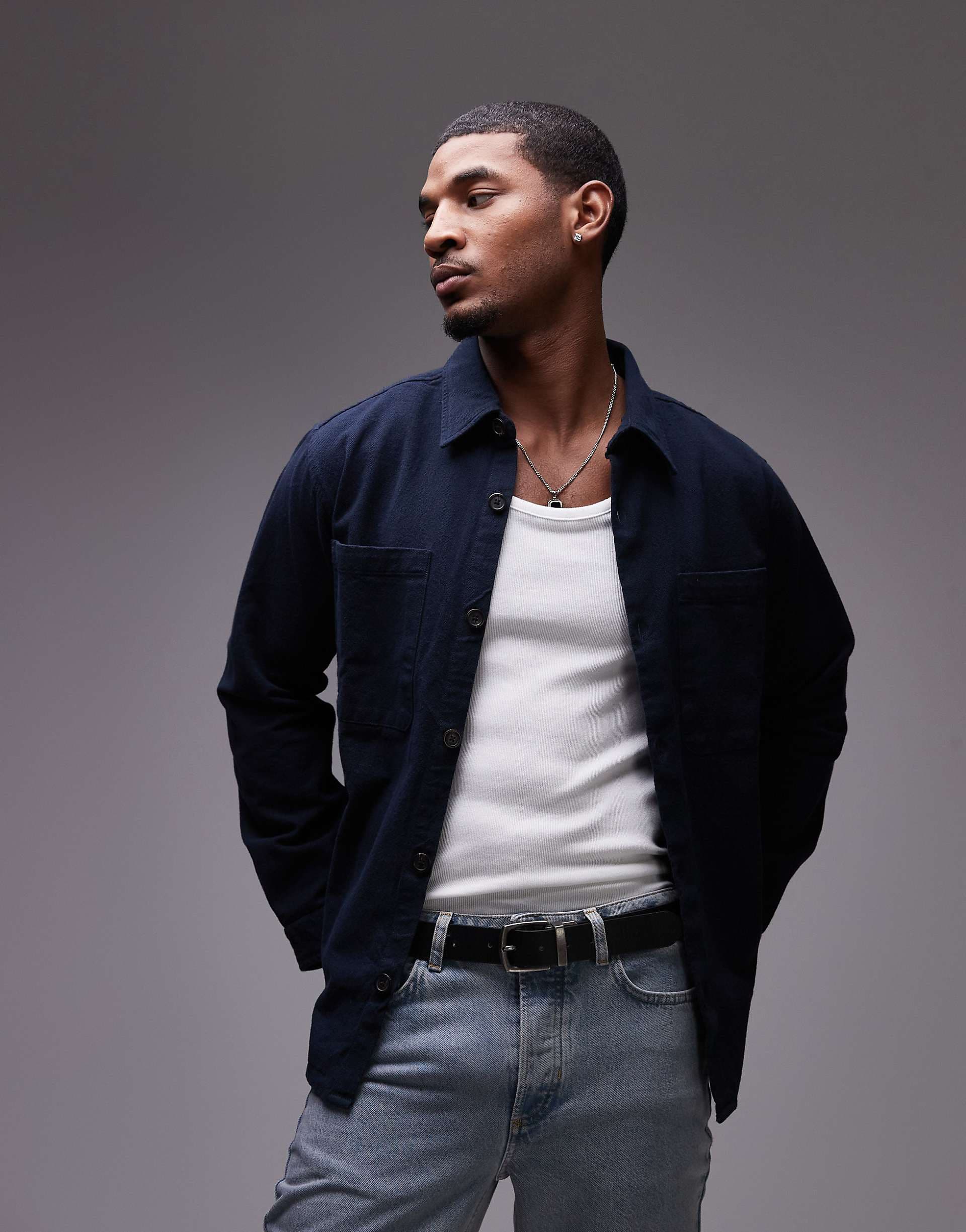 Selected oversized shirt with pockets in navy