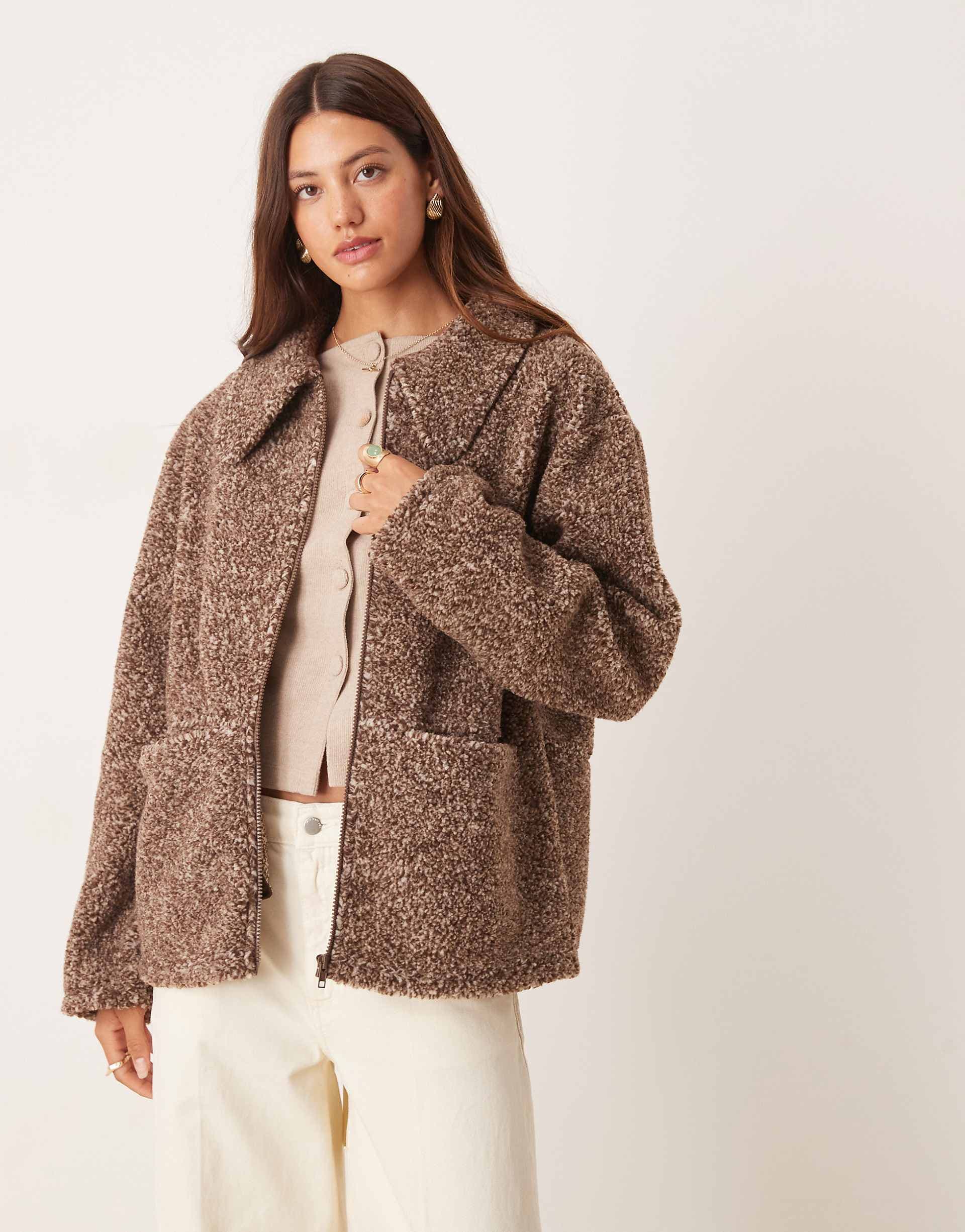 ASOS DESIGN collared borg fleece zip up in two tone neutral