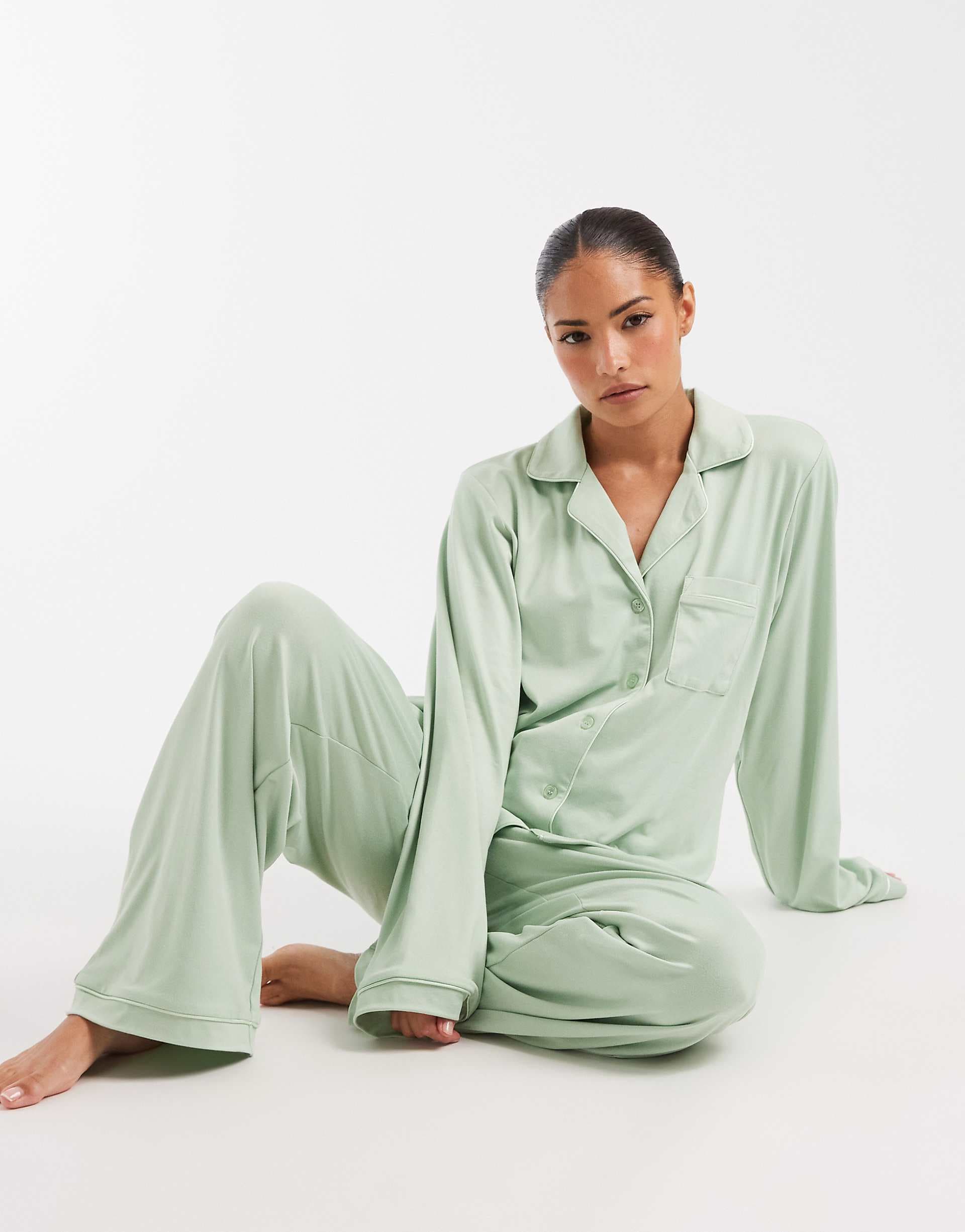 Loungeable Petite super soft jersey revere top and wide leg pajama set in green