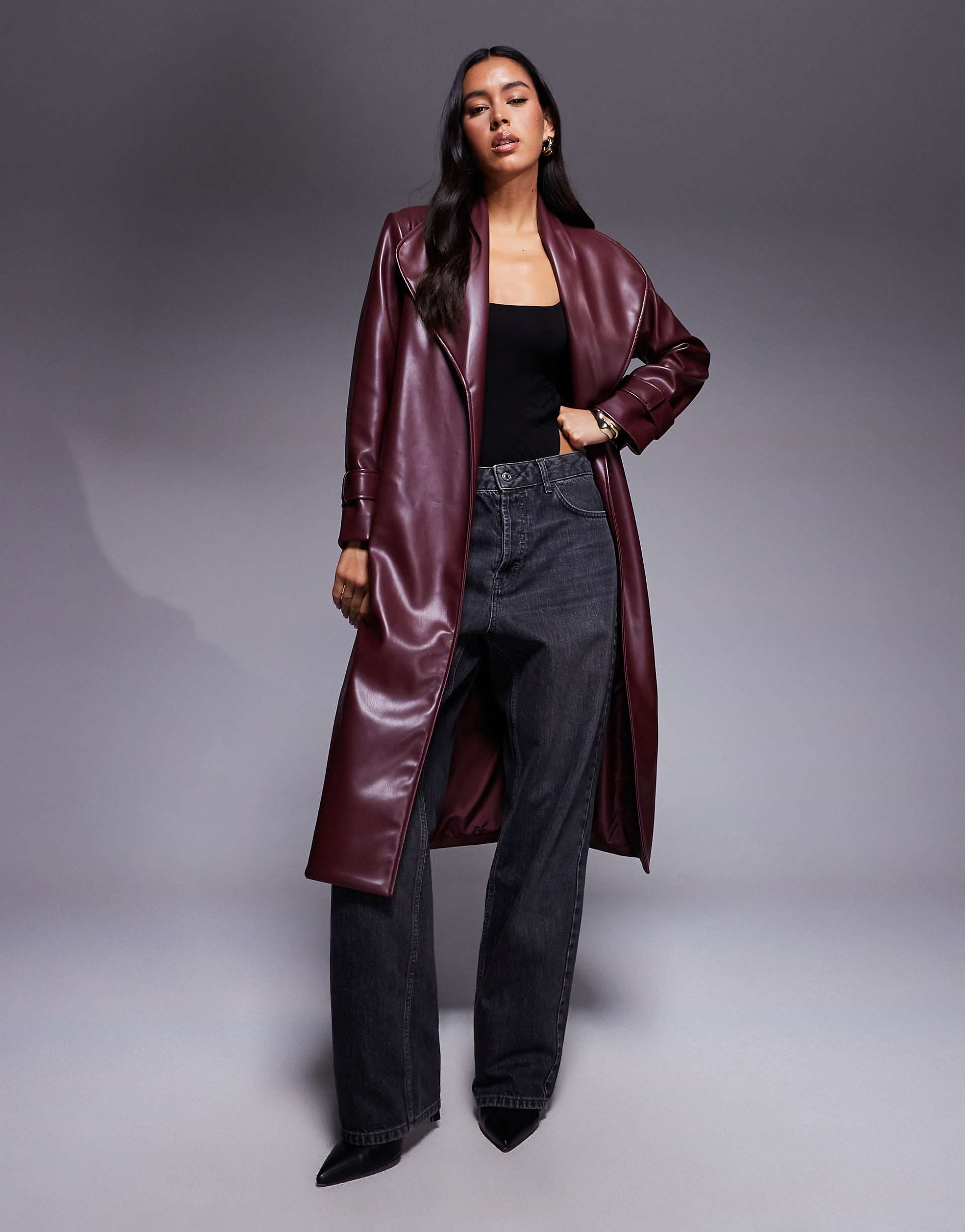 River Island faux leather longline wrap coat in dark red