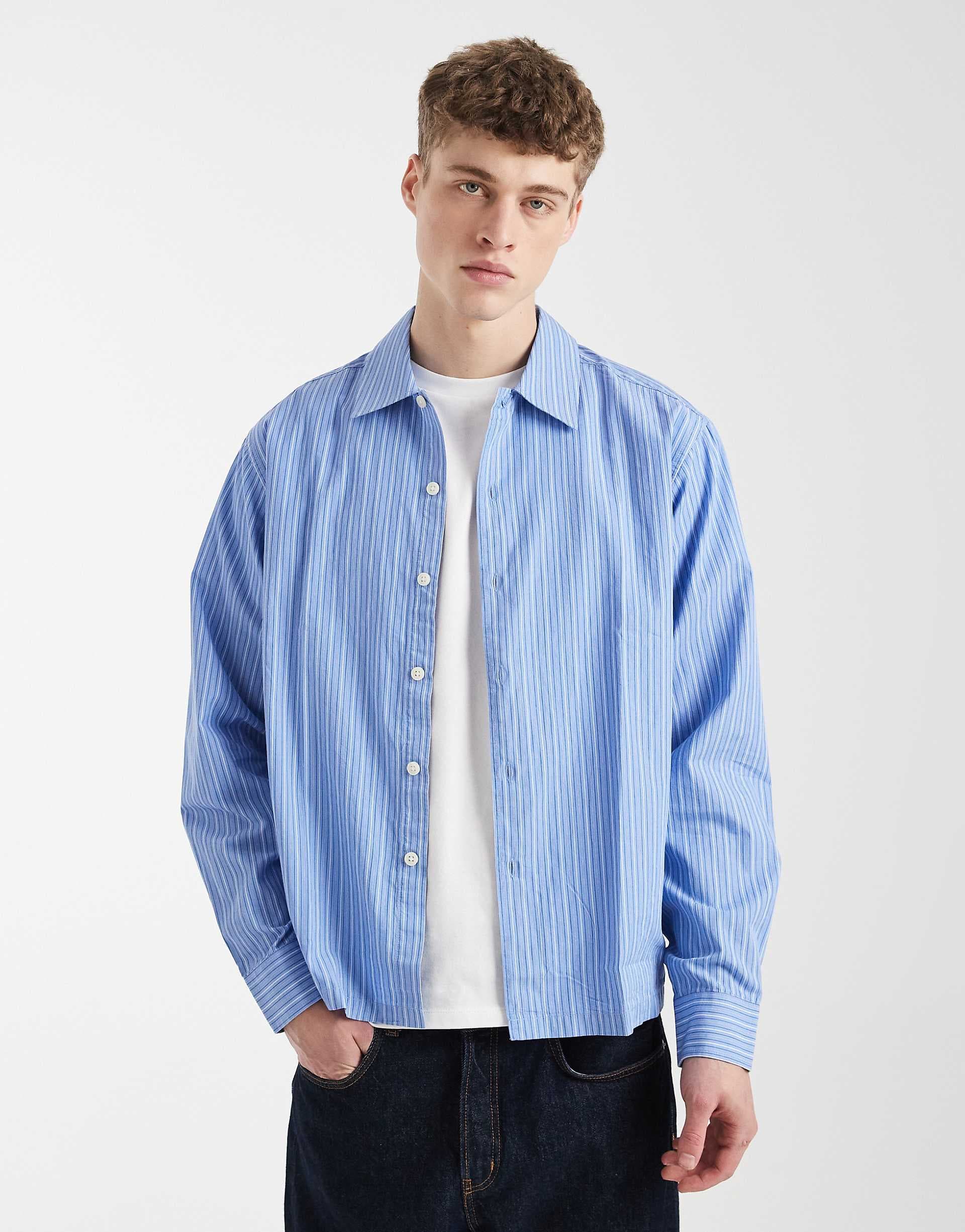 ONLY & SONS relaxed fit long sleeve shirt in blue stripes