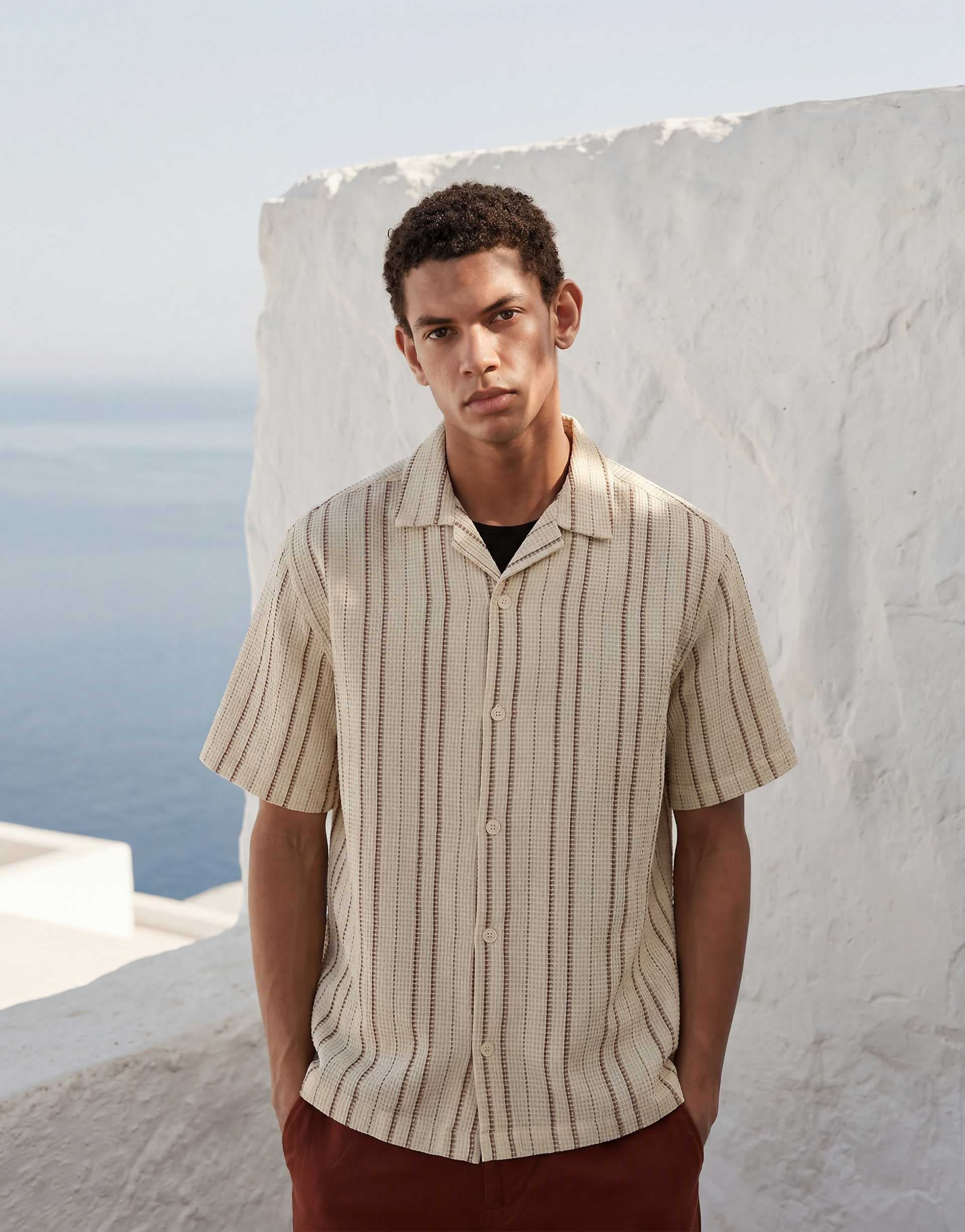 ASOS DESIGN relaxed camp collar waffle textured shirt in beige stripes