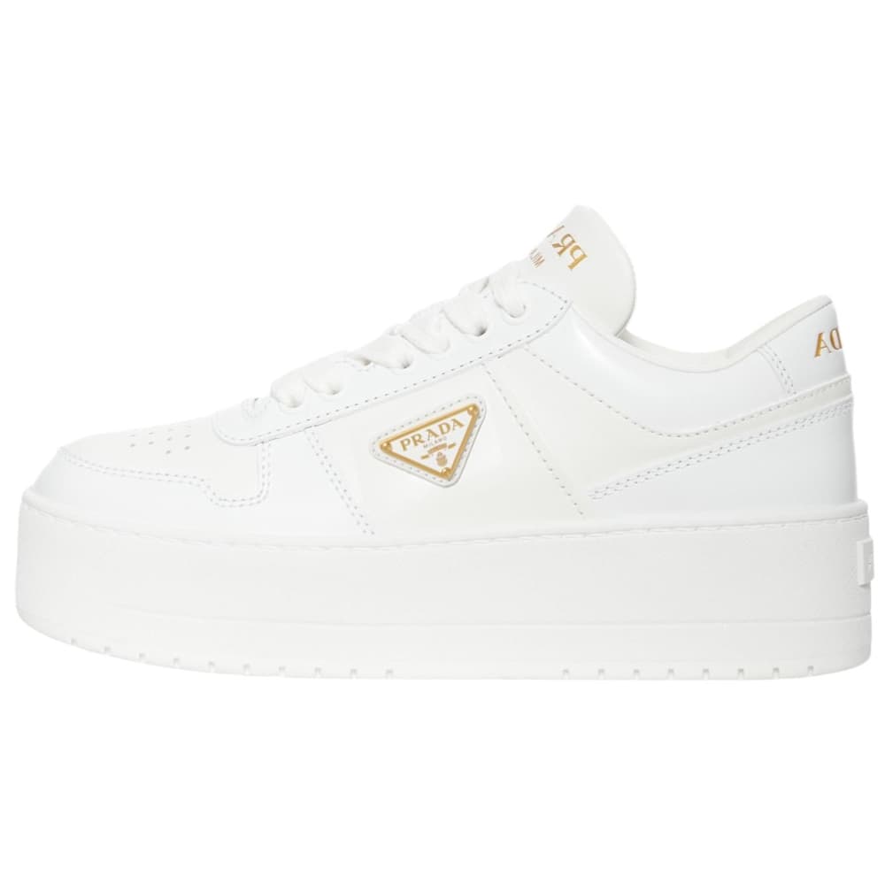 PRADA Downtown Bold Platform Thick Sole Calfskin Round Toe Lace-Up Low-Top Sneakers Women's White