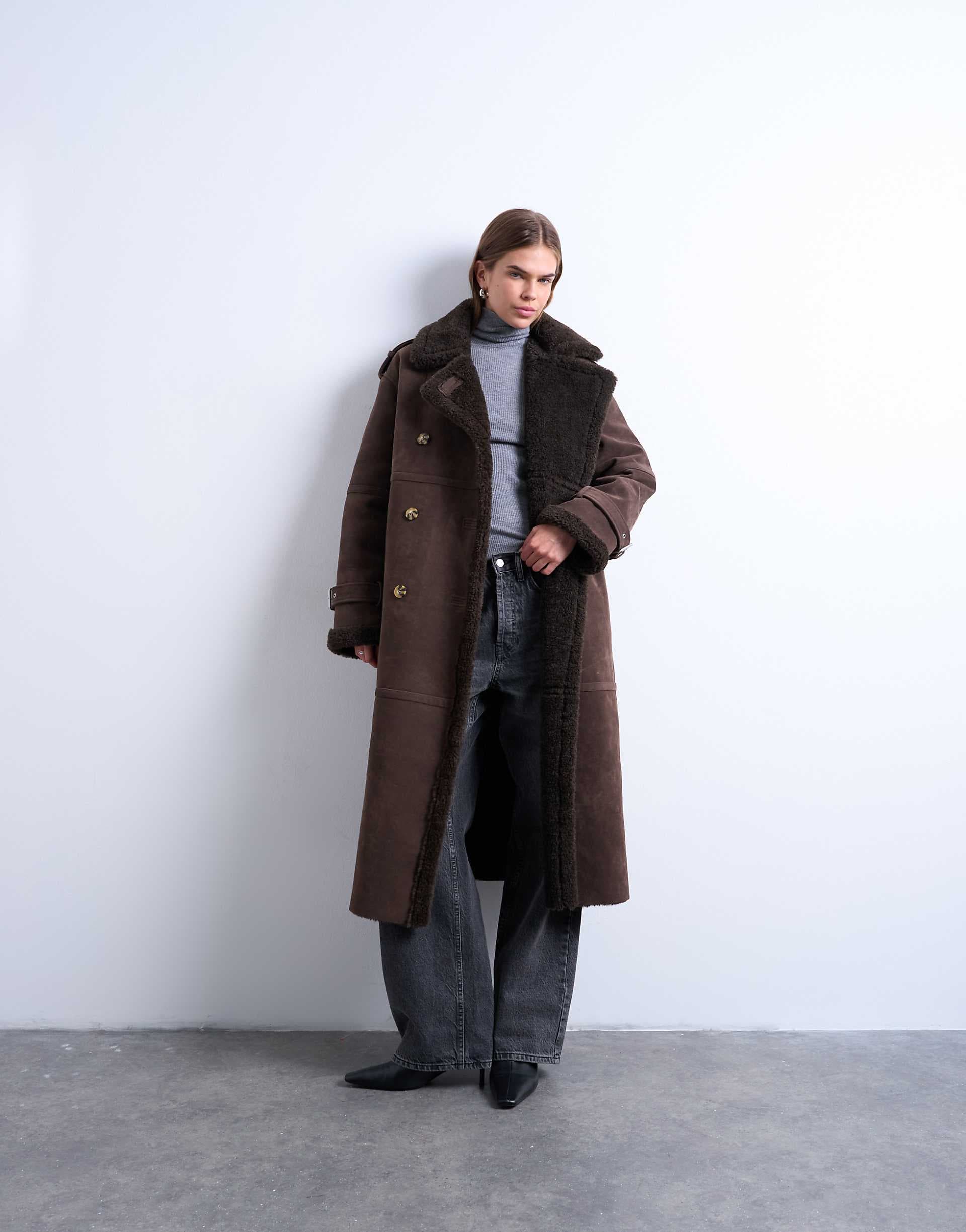 Topshop longline aviator faux shearling jacket in chocolate
