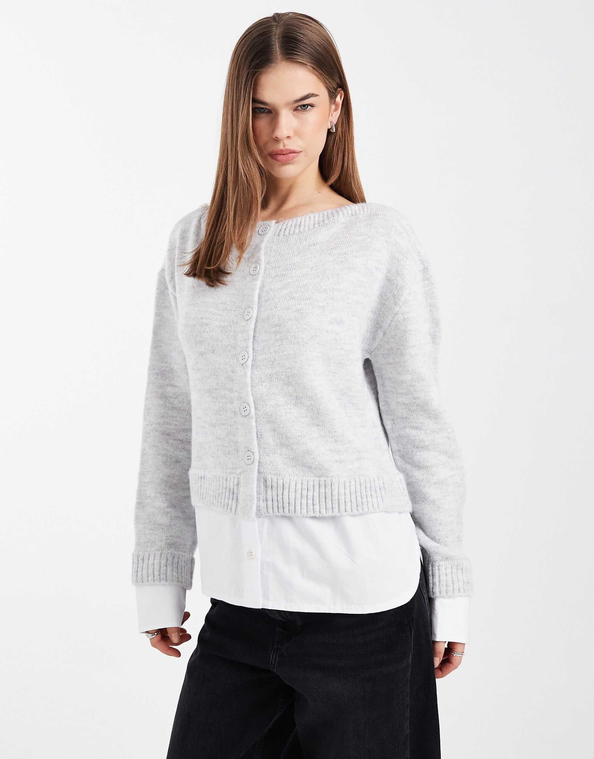 ASOS DESIGN knit cardigan with 2 in 1 shirting in gray