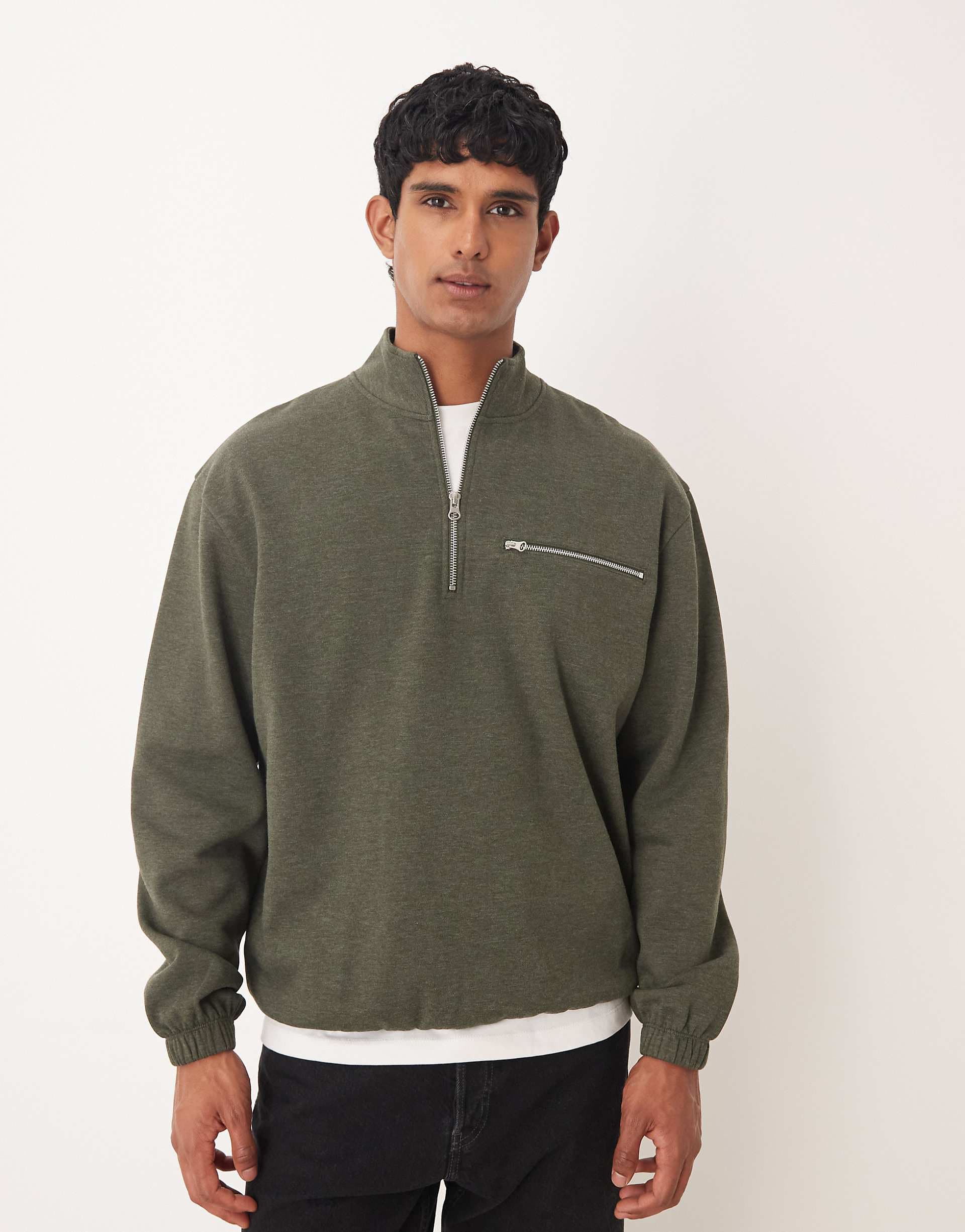 ASOS DESIGN relaxed quarter zip sweatshirt with pocket in green heather