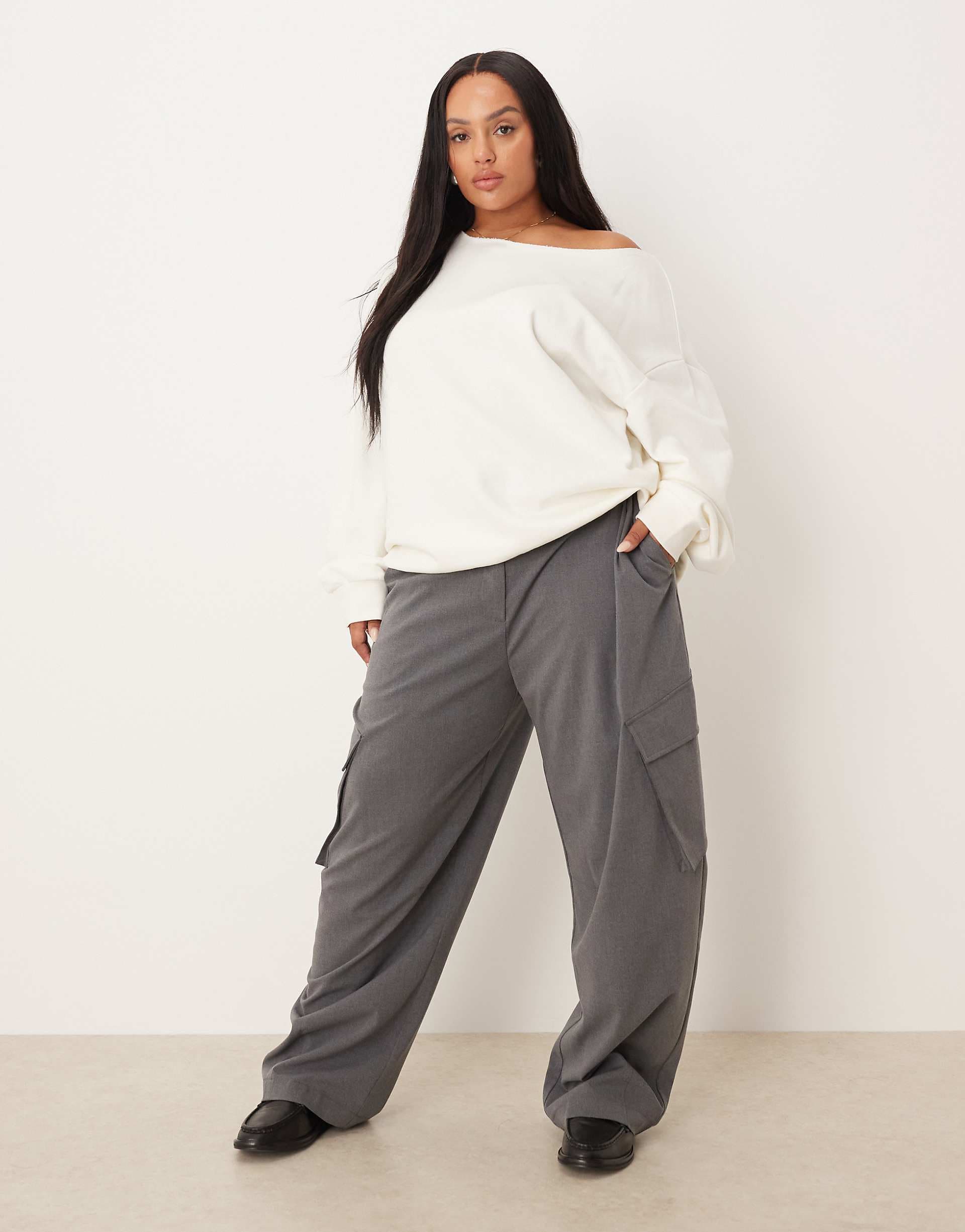 ASOS DESIGN Curve tailored utility barrel leg pants in charcoal