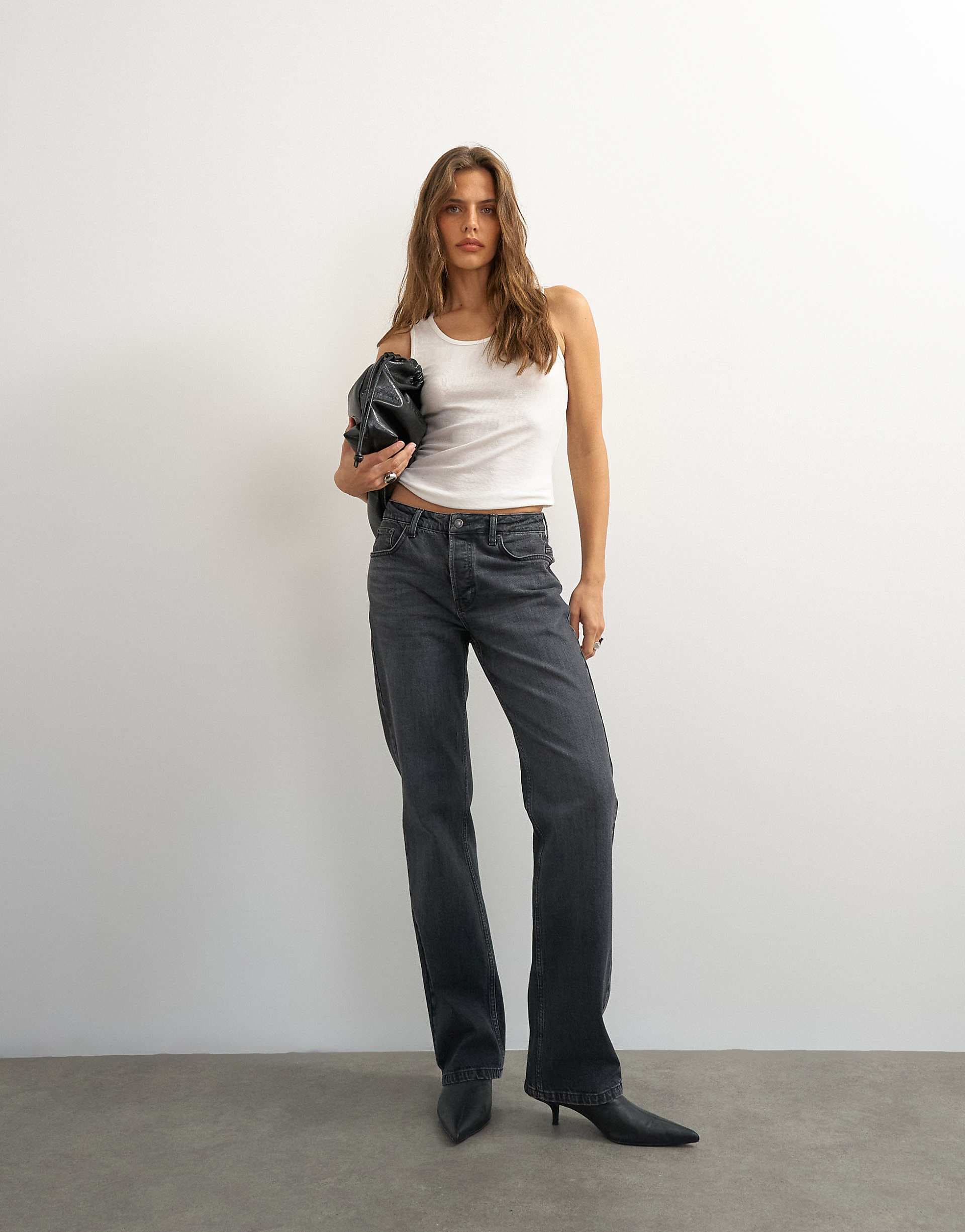 Topshop x Cara high rise slim straight jean in washed black