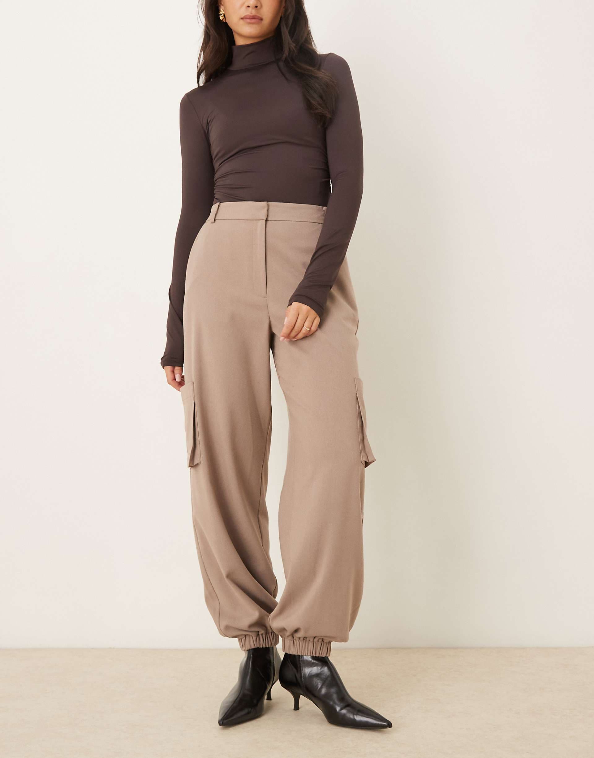 ASOS DESIGN tailored straight leg pants with cuffs and utility pocket details in taupe