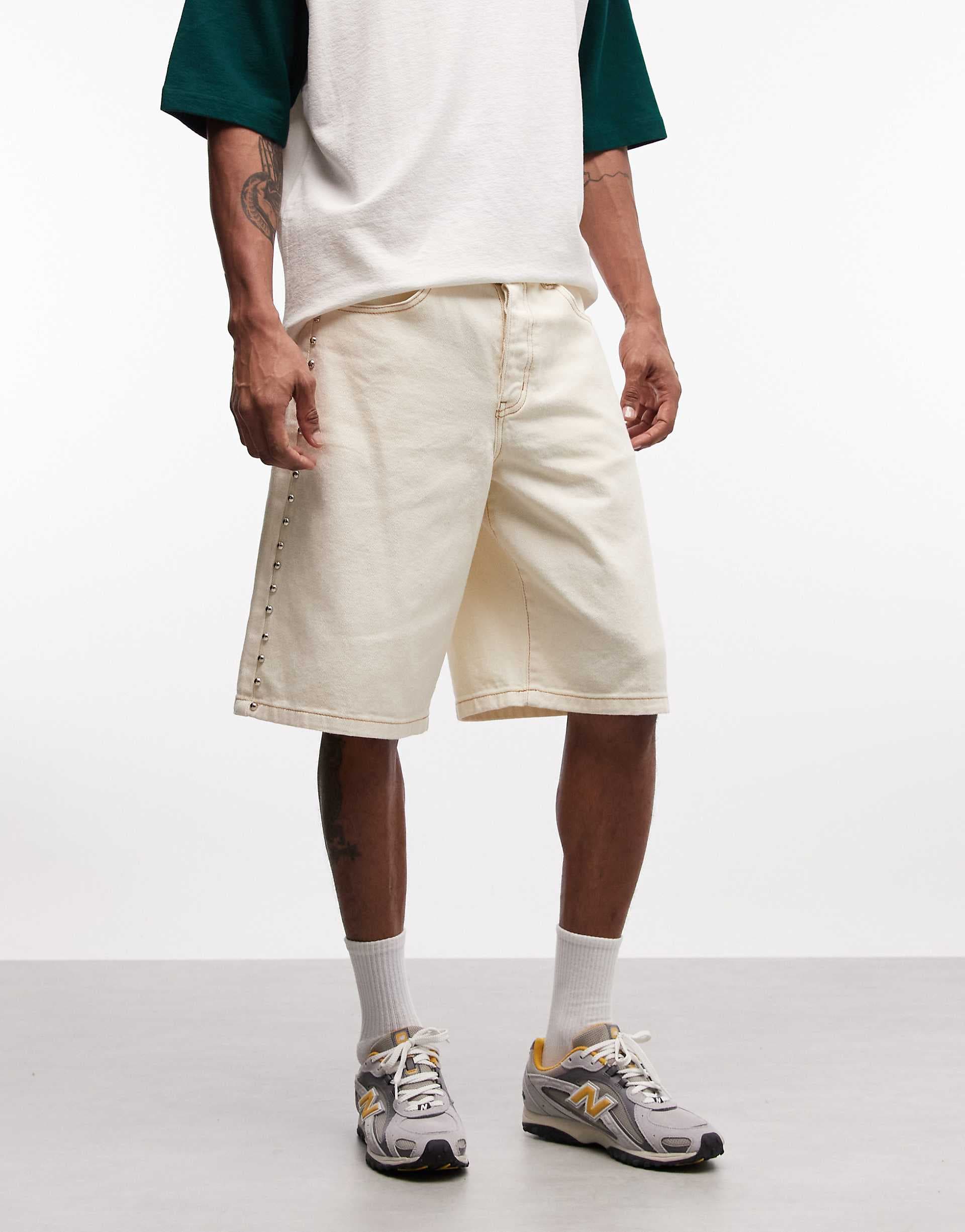 Liquor N Poker side stud detail denim jorts in ecru wash
