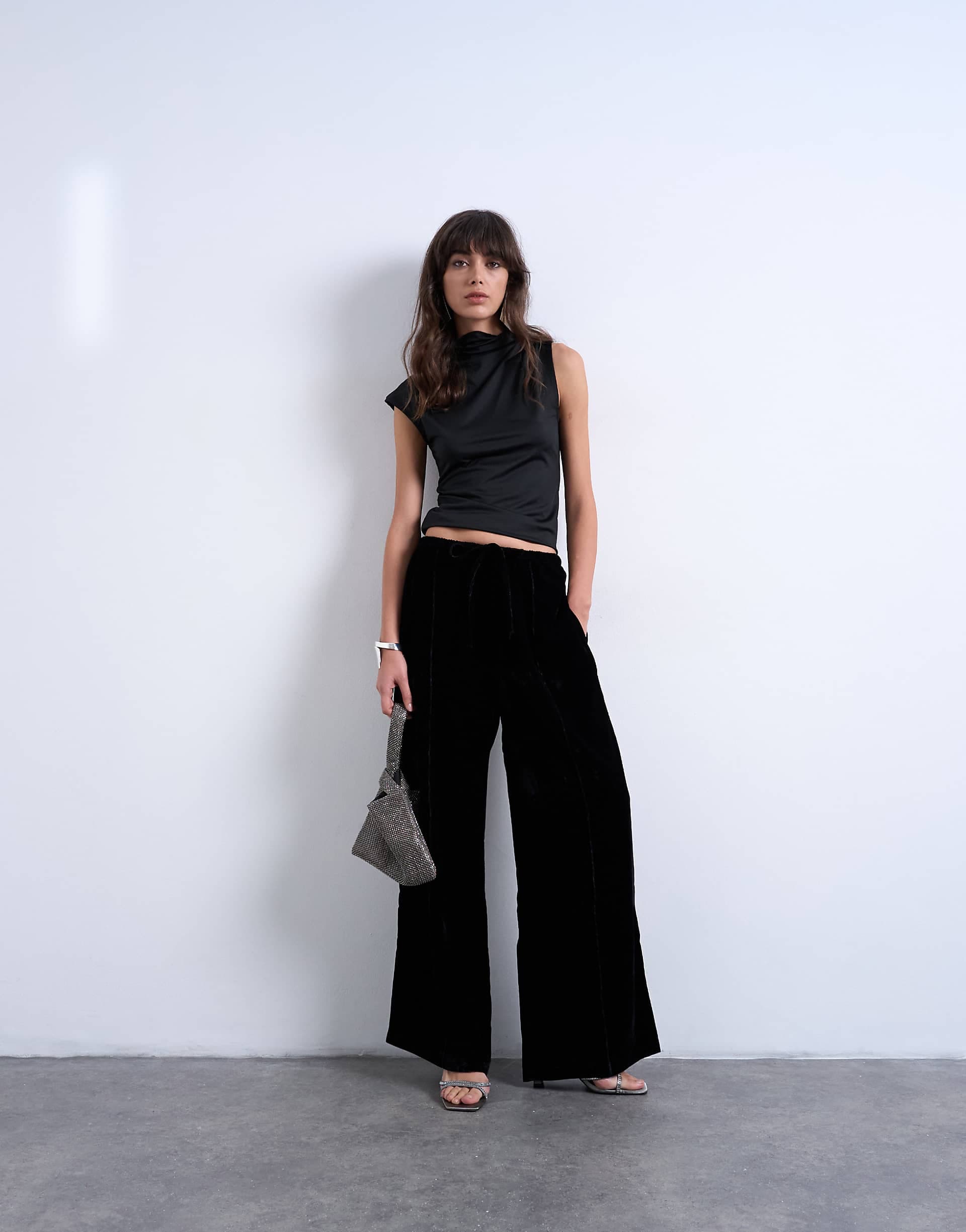 Topshop velvet mid rise tie waist wide leg sweatpants in black