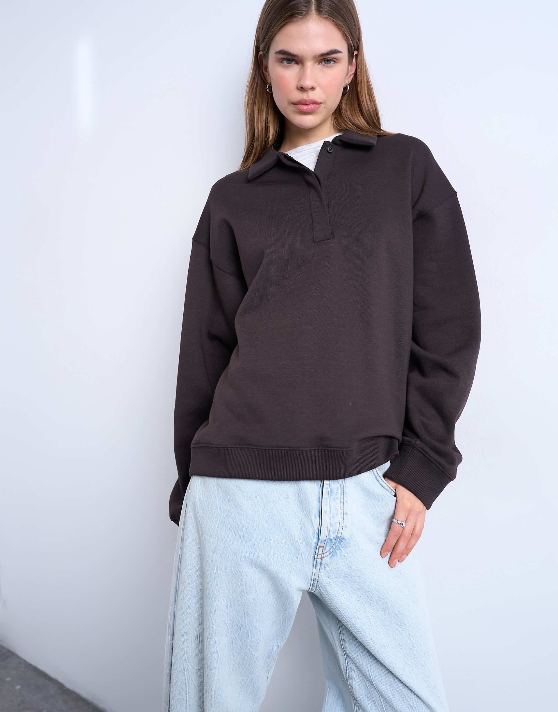 Topshop polo sweatshirt in dark chocolate