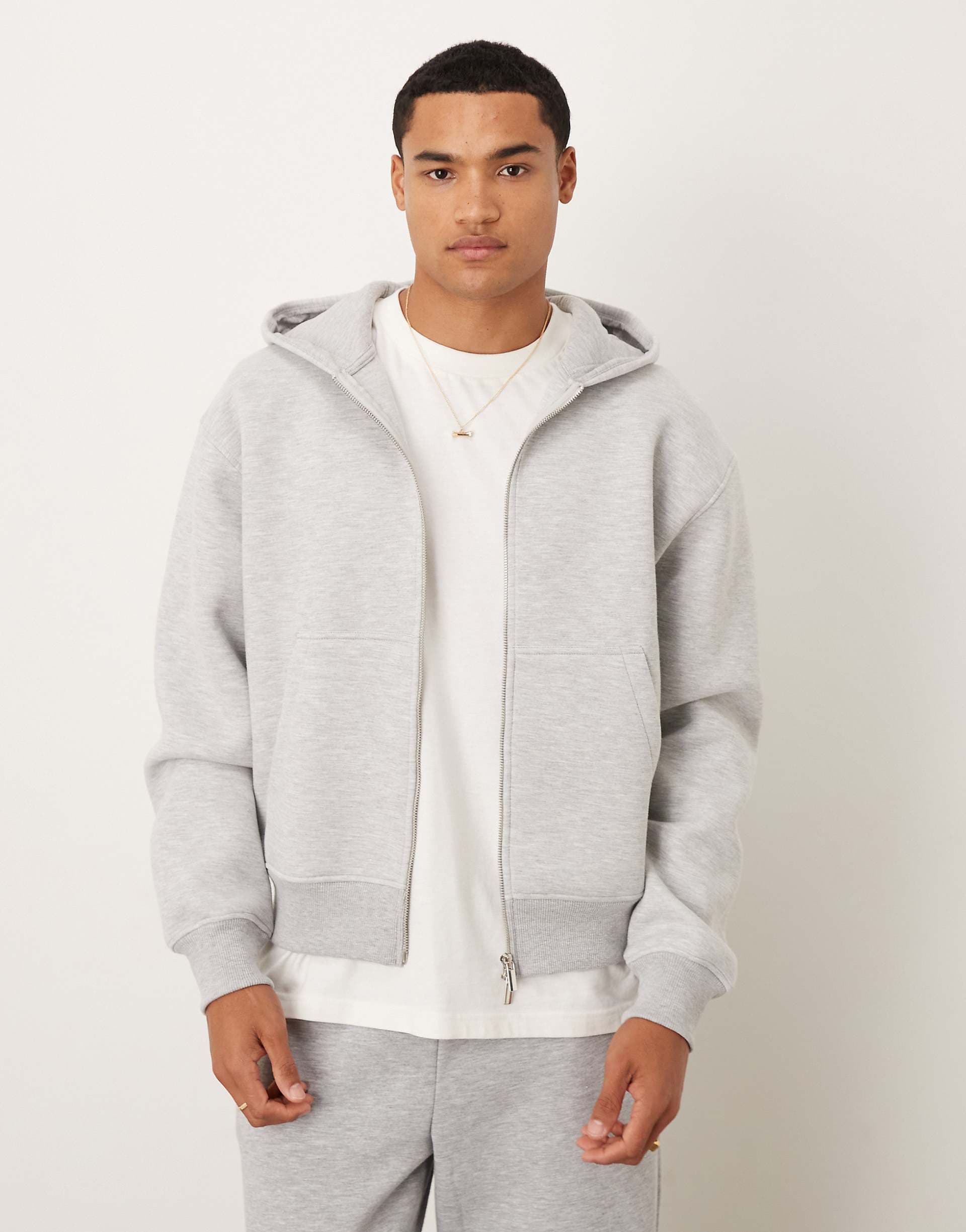 ASOS DESIGN heavyweight boxy relaxed zip up hoodie in scuba-style fabric in ice heather