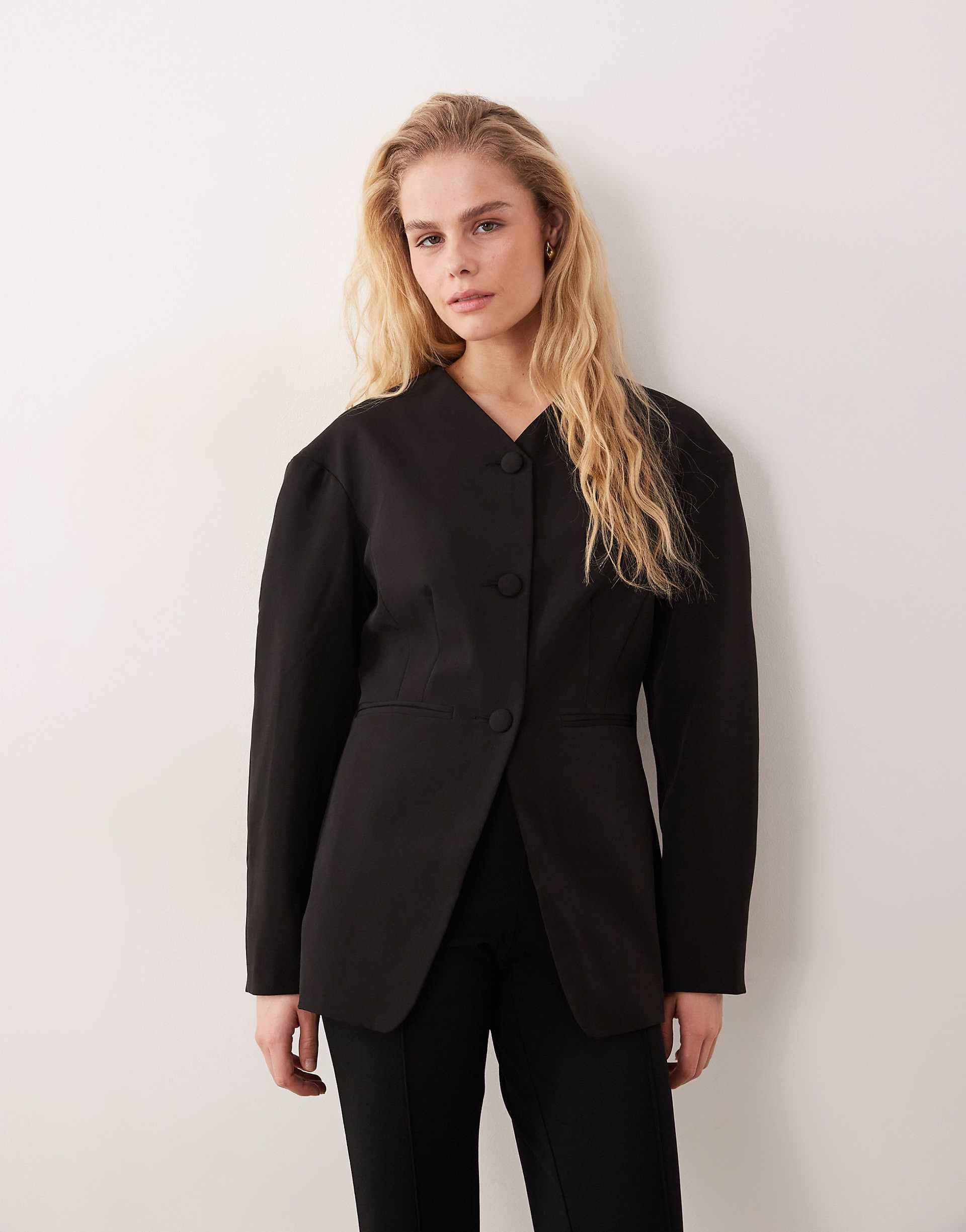 Miss Selfridge collarless cinch blazer in black