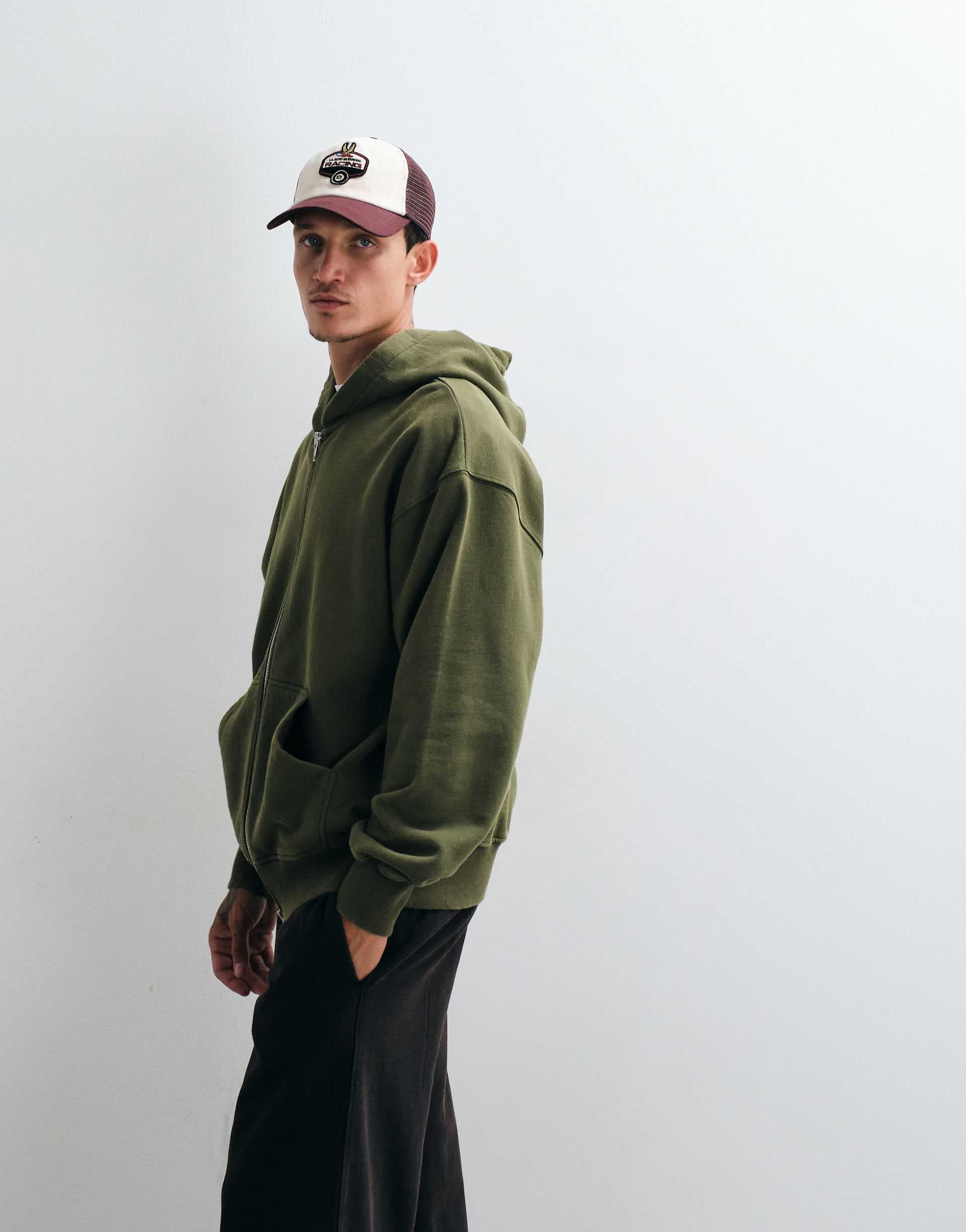 ASOS DESIGN premium heavyweight oversized washed zip up hoodie in Olive