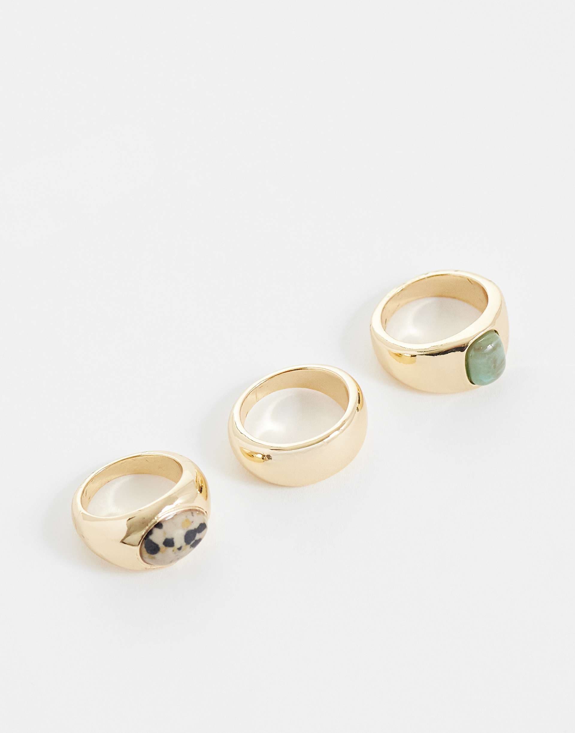 ASOS DESIGN 3-pack stacking rings with green and dalmatian stone-set in gold tone