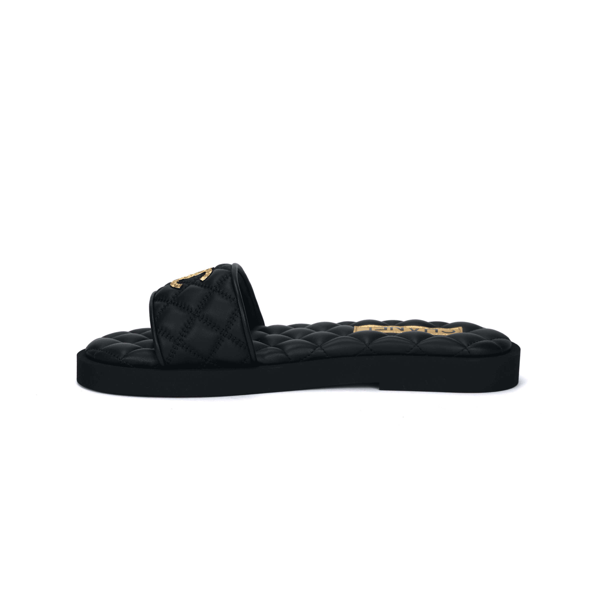 CHANEL Leather Open-Toe Round-Toe Flat Slide Sandals Women's Black