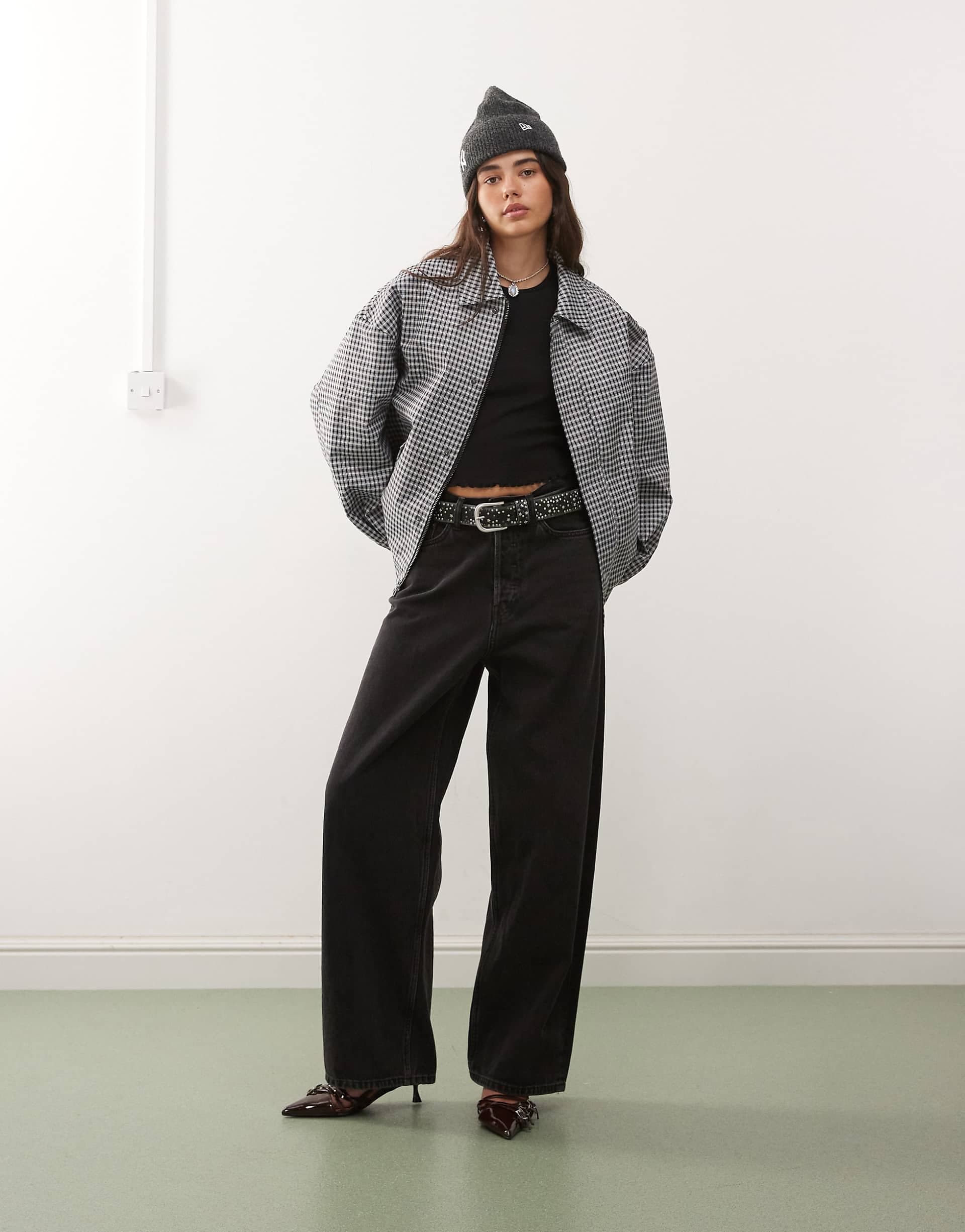 Lioness Kenny collar detail oversized bomber jacket in navy plaid