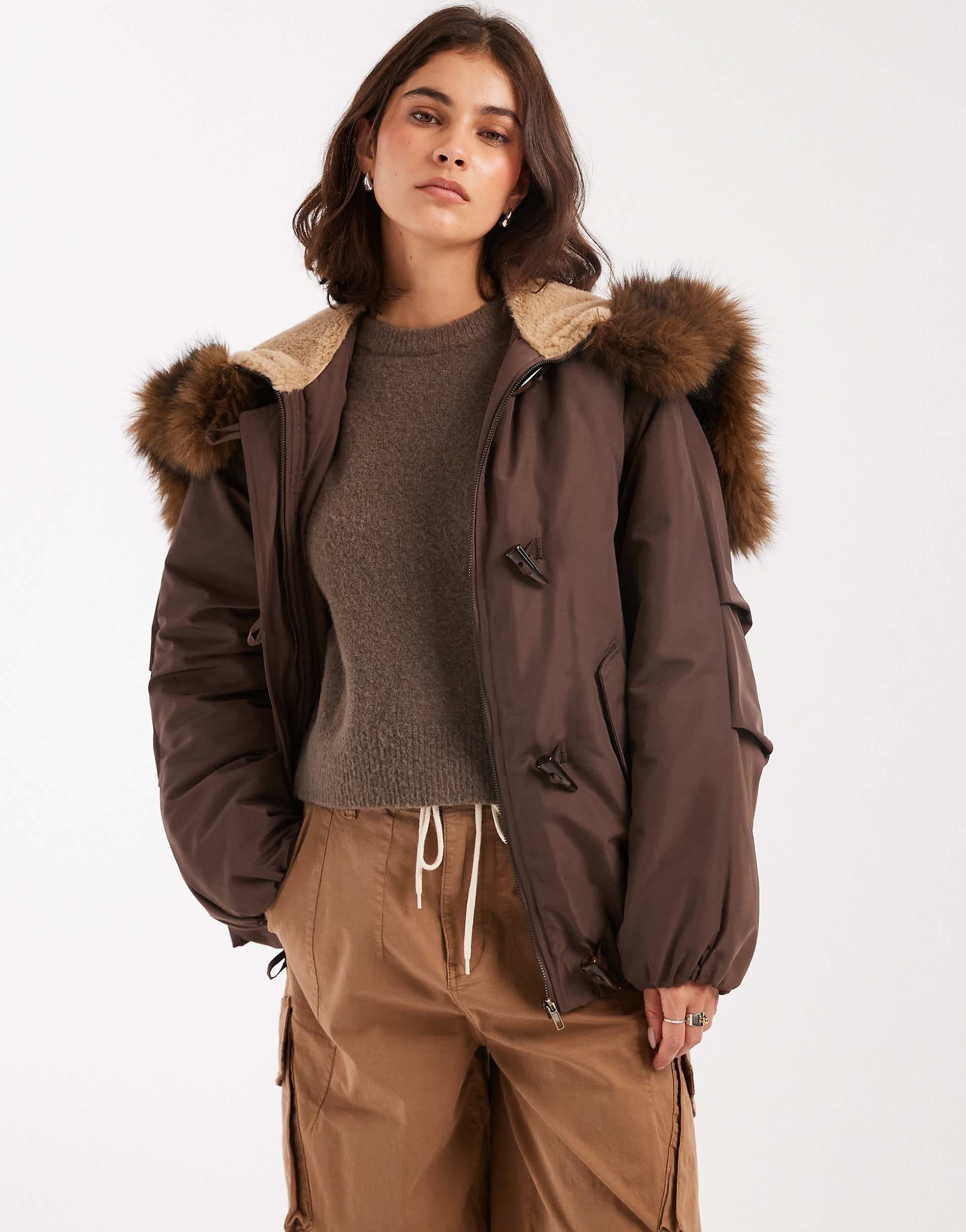 ASOS DESIGN bomber parka with toggle detail in brown