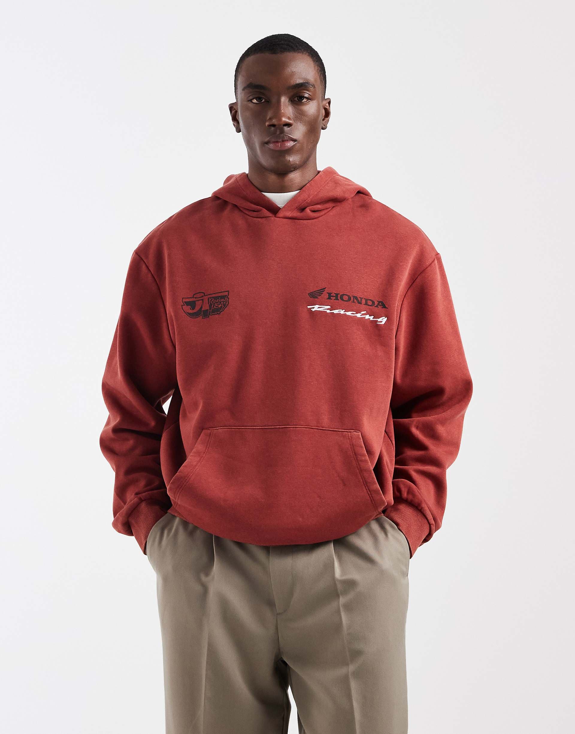 ASOS DESIGN relaxed hoodie with Honda Racing print in dark red