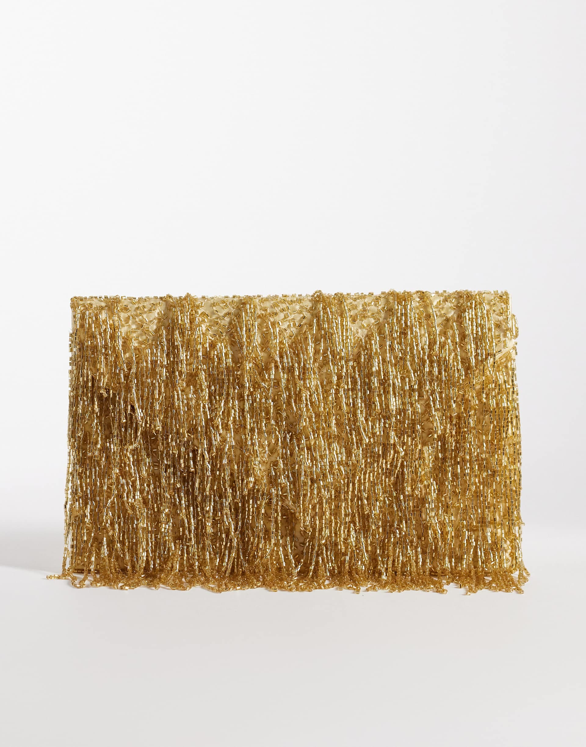 True Decadence bead fringe envelope clutch bag in gold