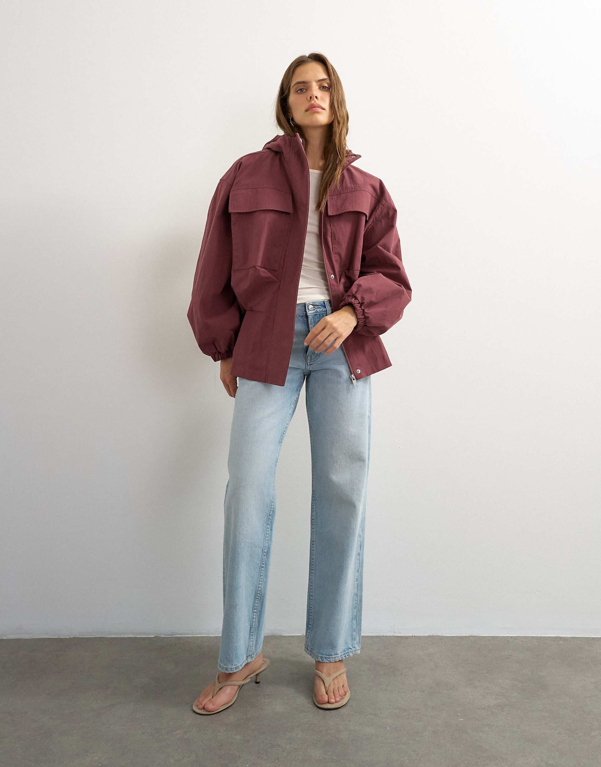 Topshop hooded cinch waist anorak in blackberry