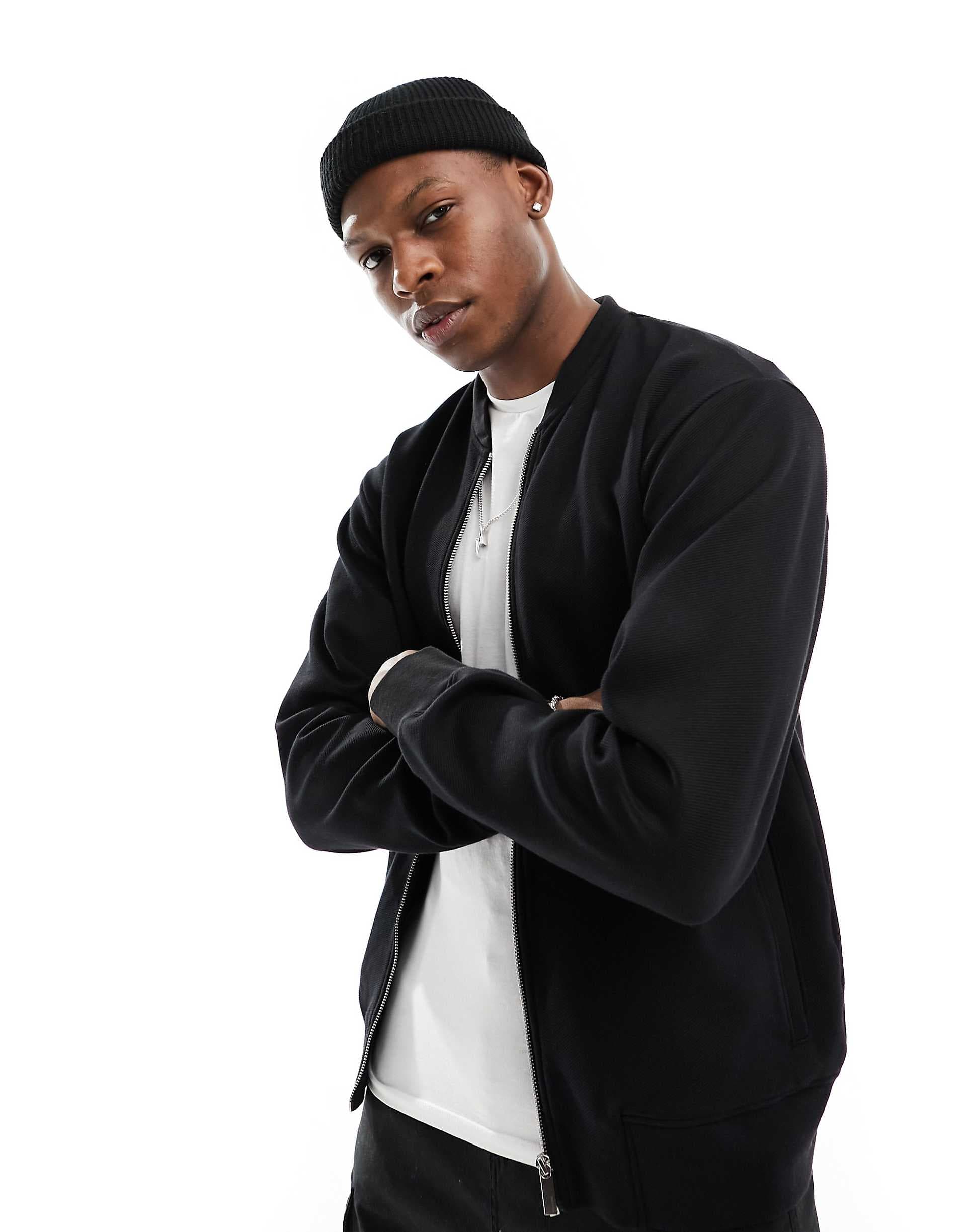 Selected Mack sweatshirt fabric bomber jacket in black