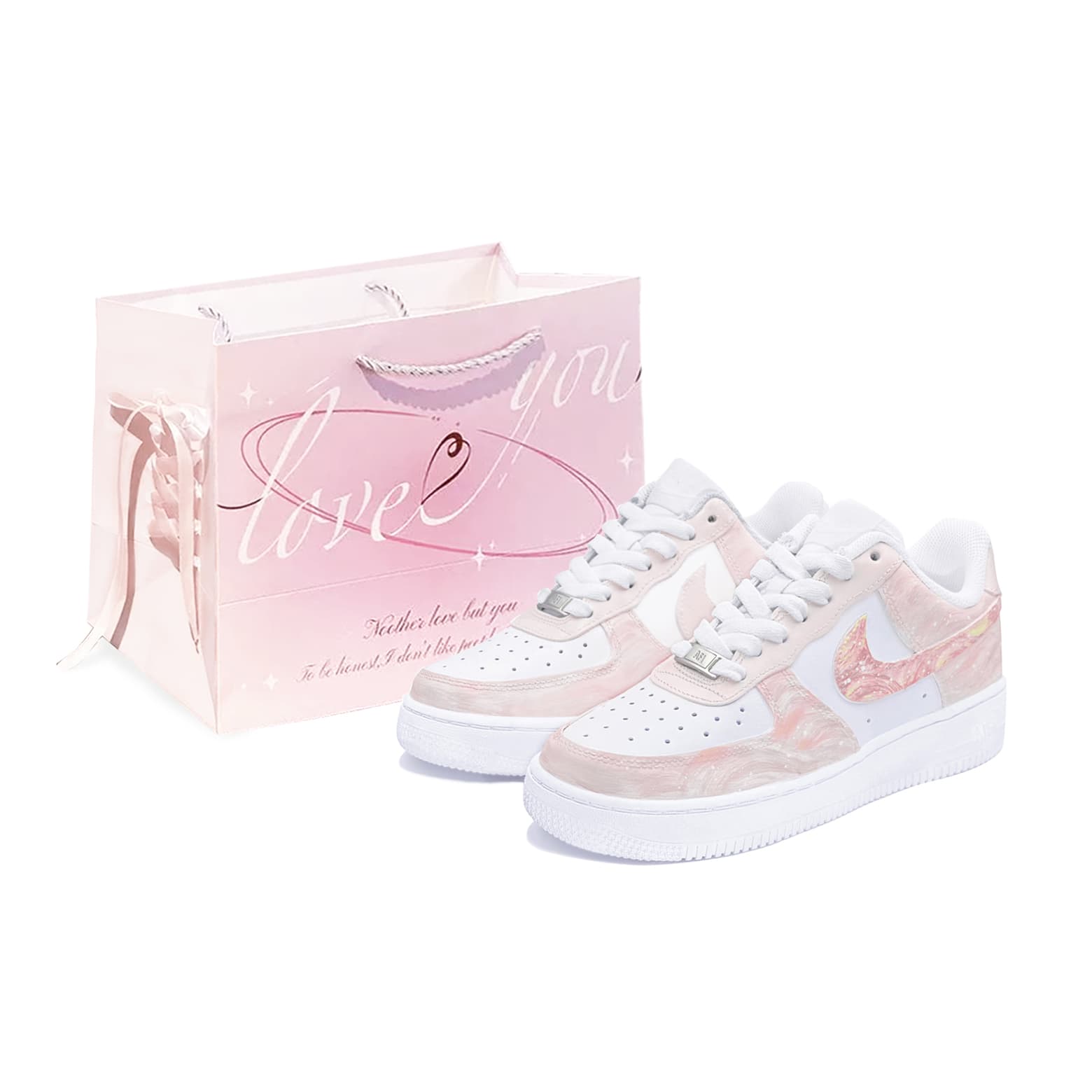 Custom Sneakers: Nike Air Force 1 Gift Bag Edition Pink Star Dust Chu Yi Culture Unique Design Fashion Trendy Wear-Resistant Balanced Low-Top Sneakers Unisex Peach Pink