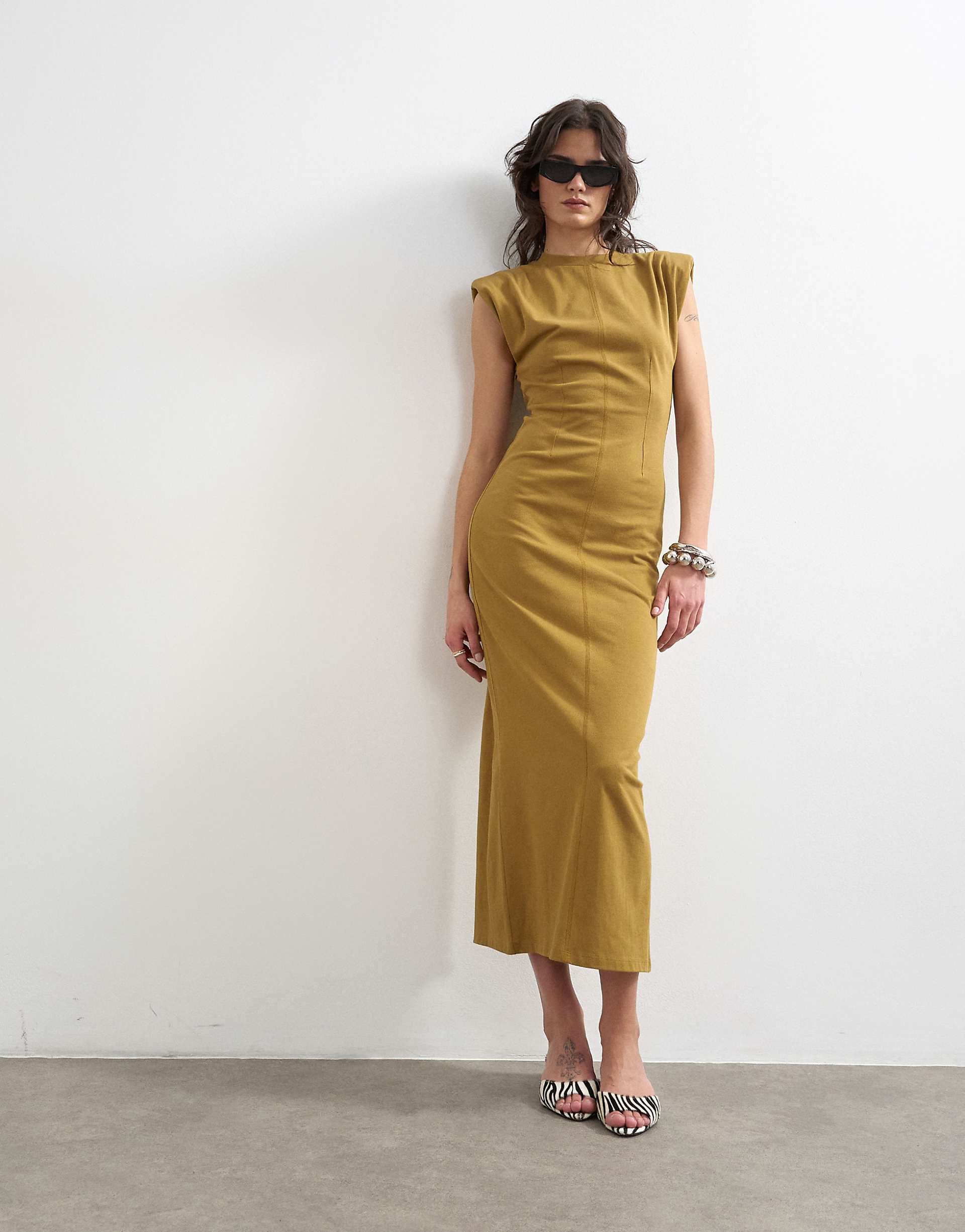 Topshop shoulder pad detailing sleeveless midaxi dress in olive