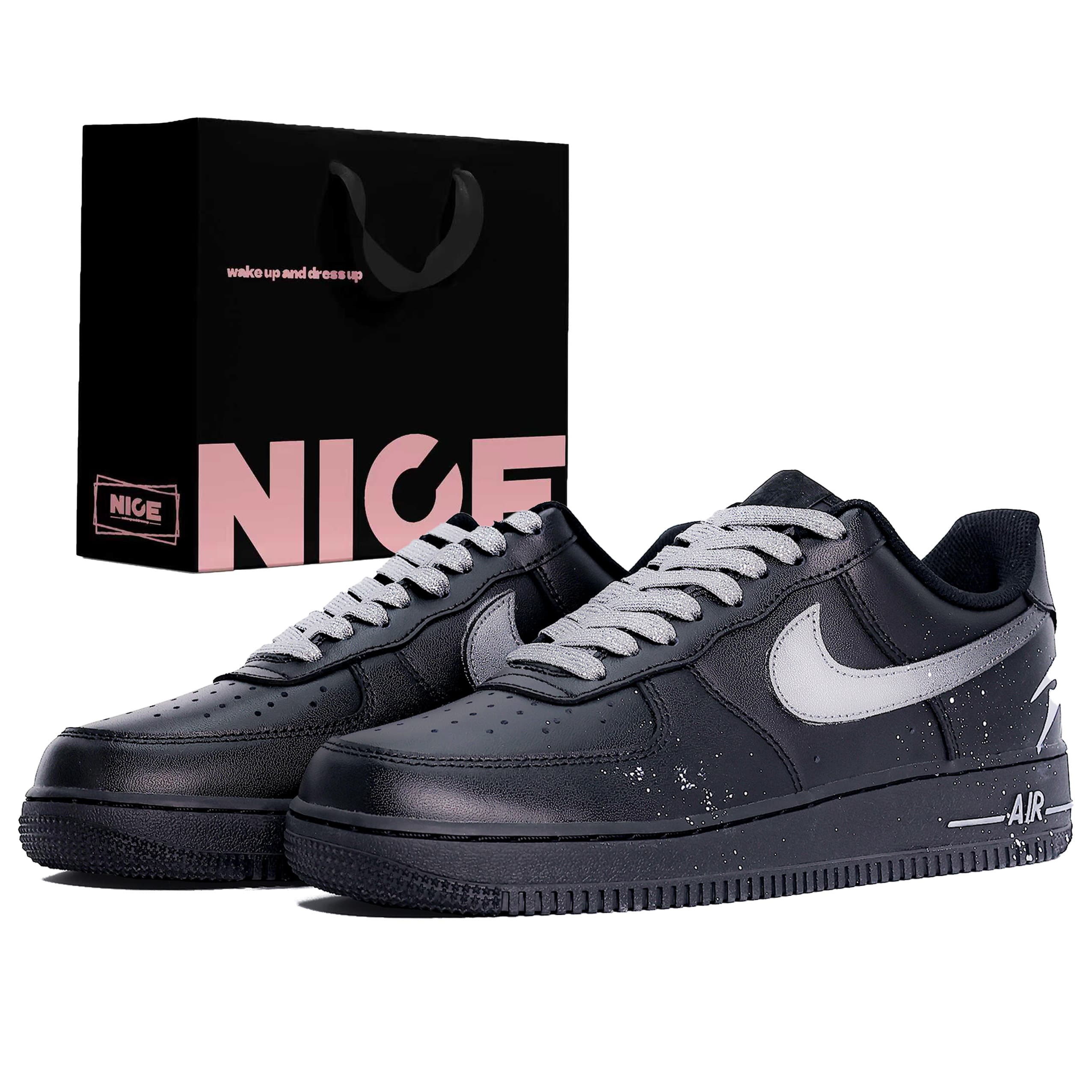 Custom Nike Air Force 1 'Silver Wing Mystery' Gift Bag Simple Comfort High Street Fashion All-Season Commuter Premium Wear-Resistant Low-Top Skate Shoes Unisex Silver Black