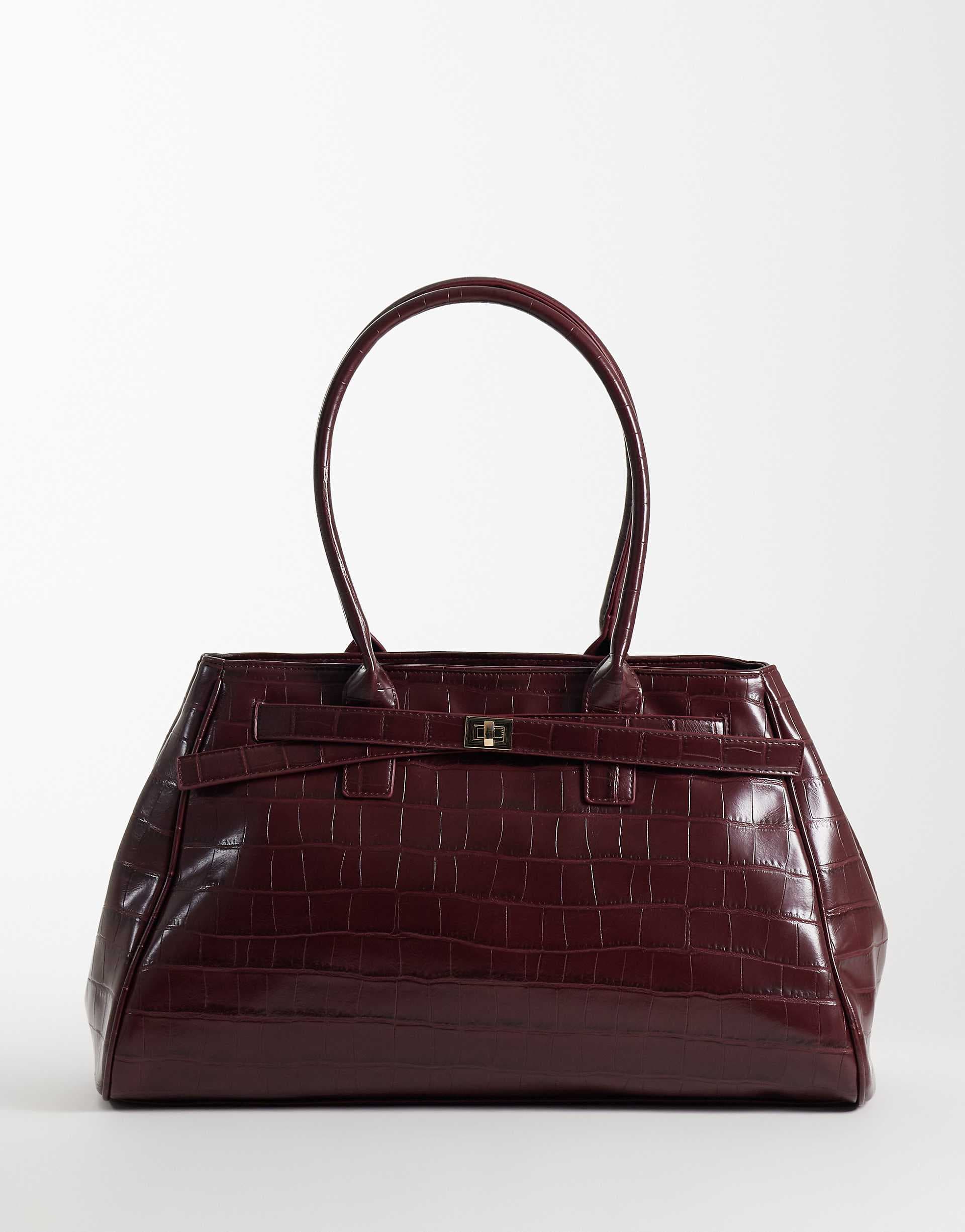ASOS DESIGN structured tote bag in croc with buckle belt detail in burgundy