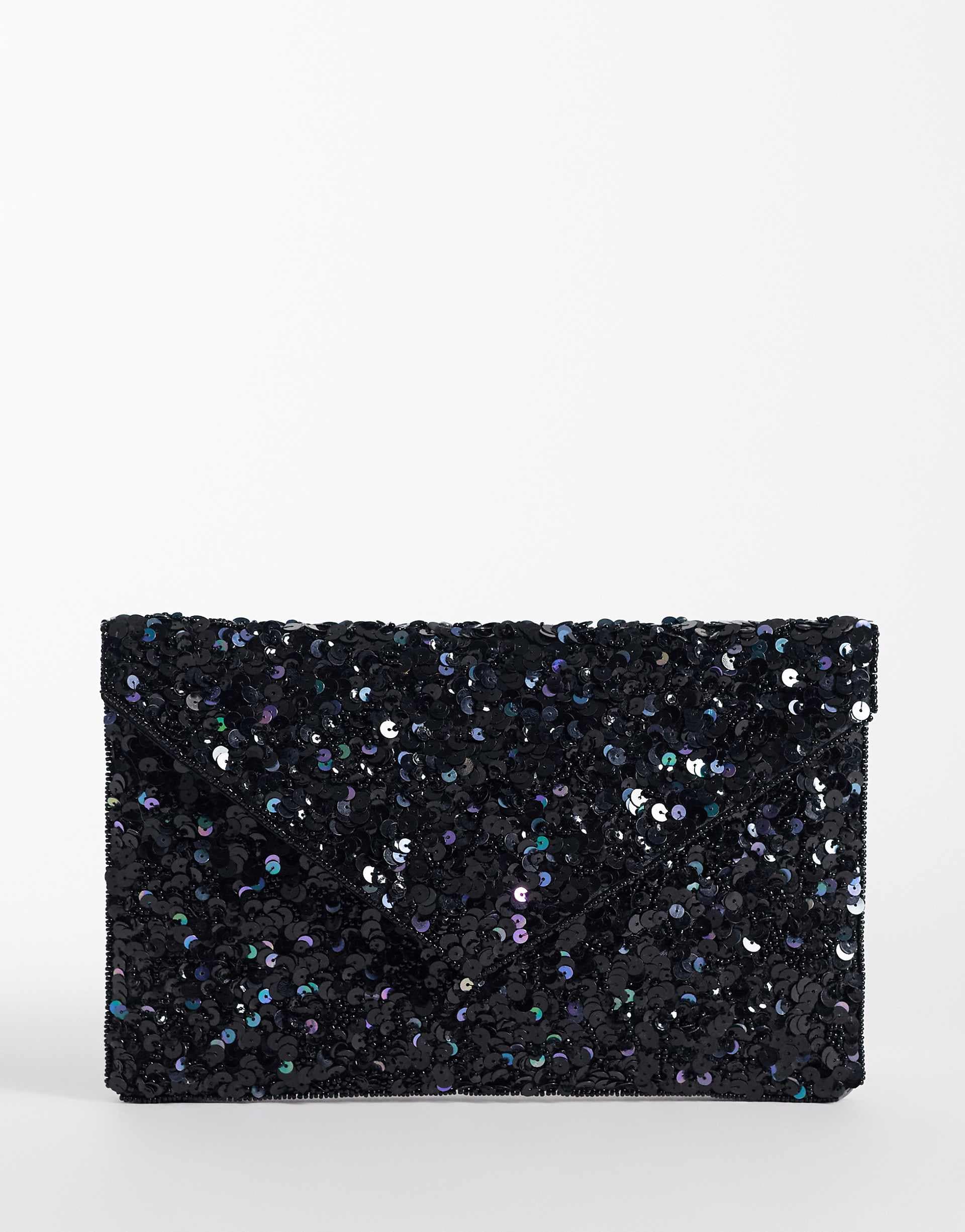 True Decadence sequin embellished envelope clutch purse in black