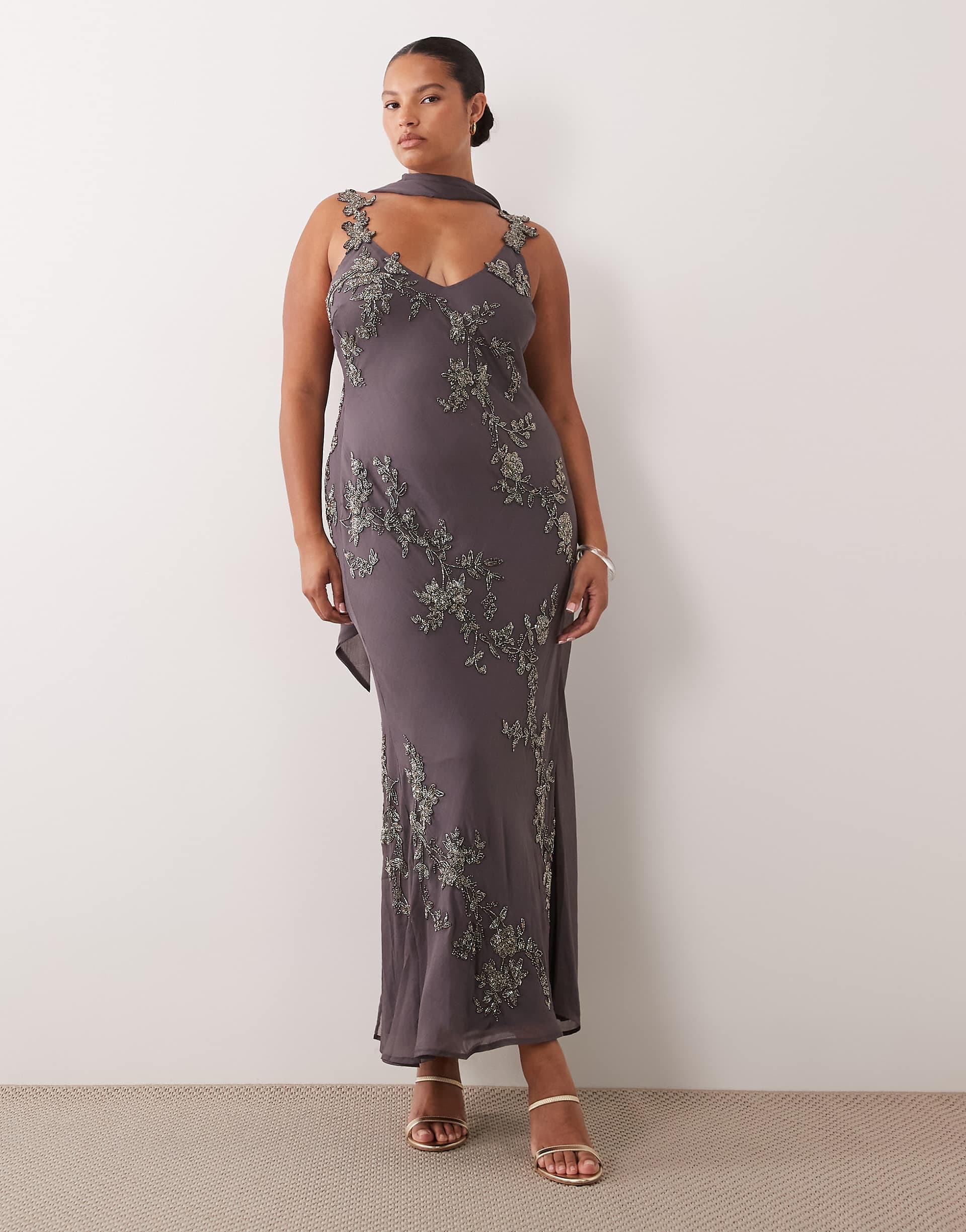 ASOS DESIGN Curve floral embellished cami maxi dress with scarf in charcoal gray