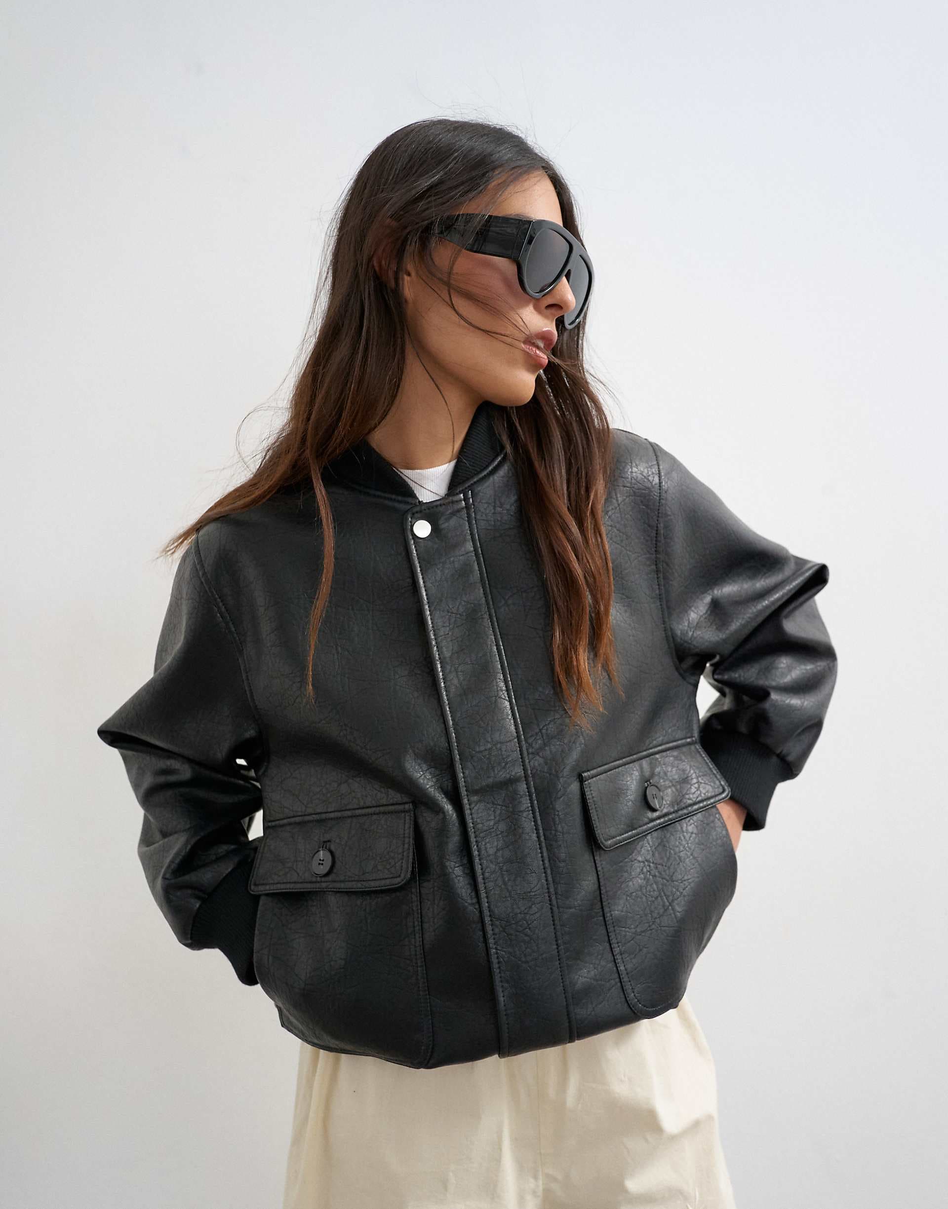 Topshop faux leather nero collar bomber jacket in black
