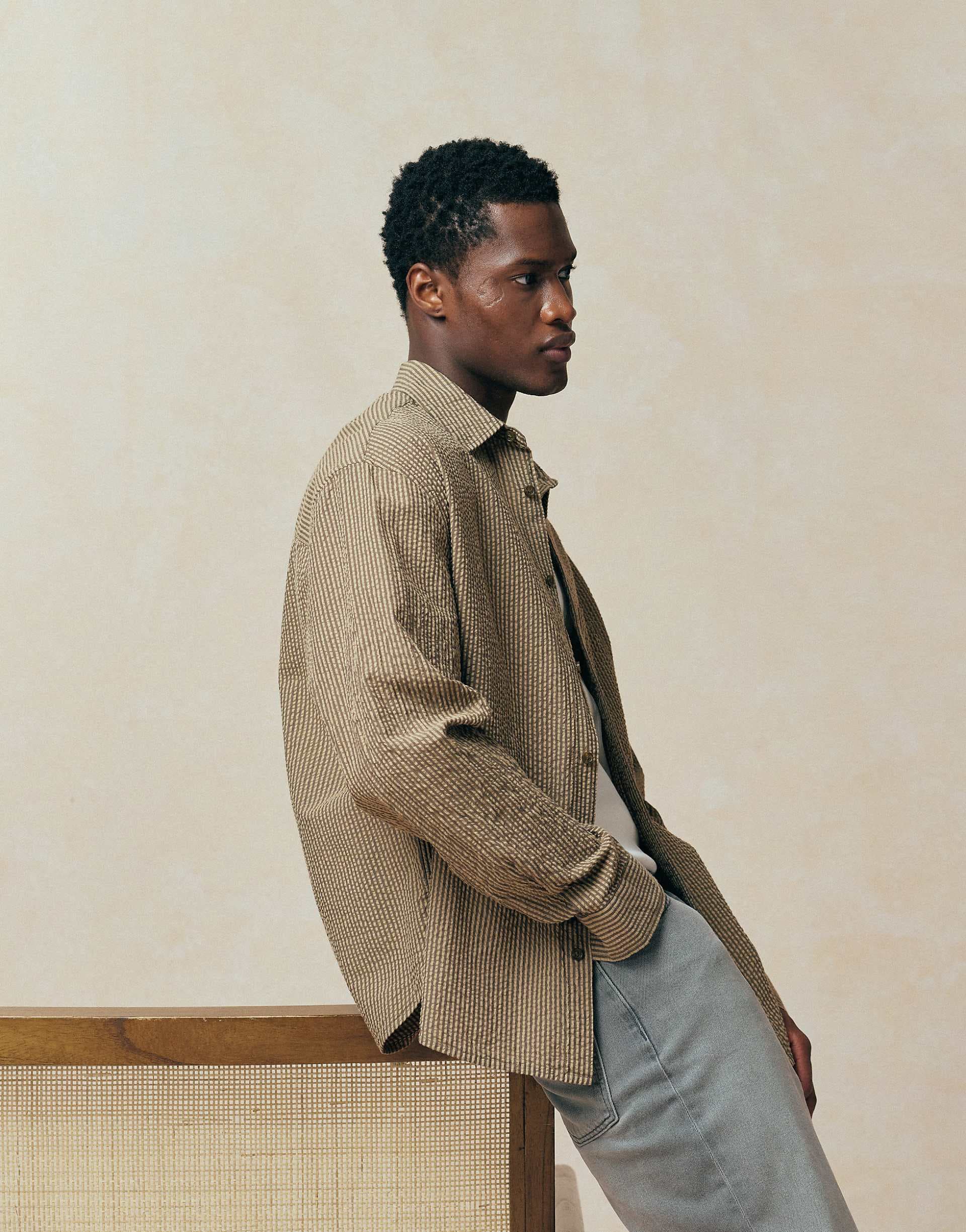 ASOS DESIGN oversized seersucker striped shirt in brown