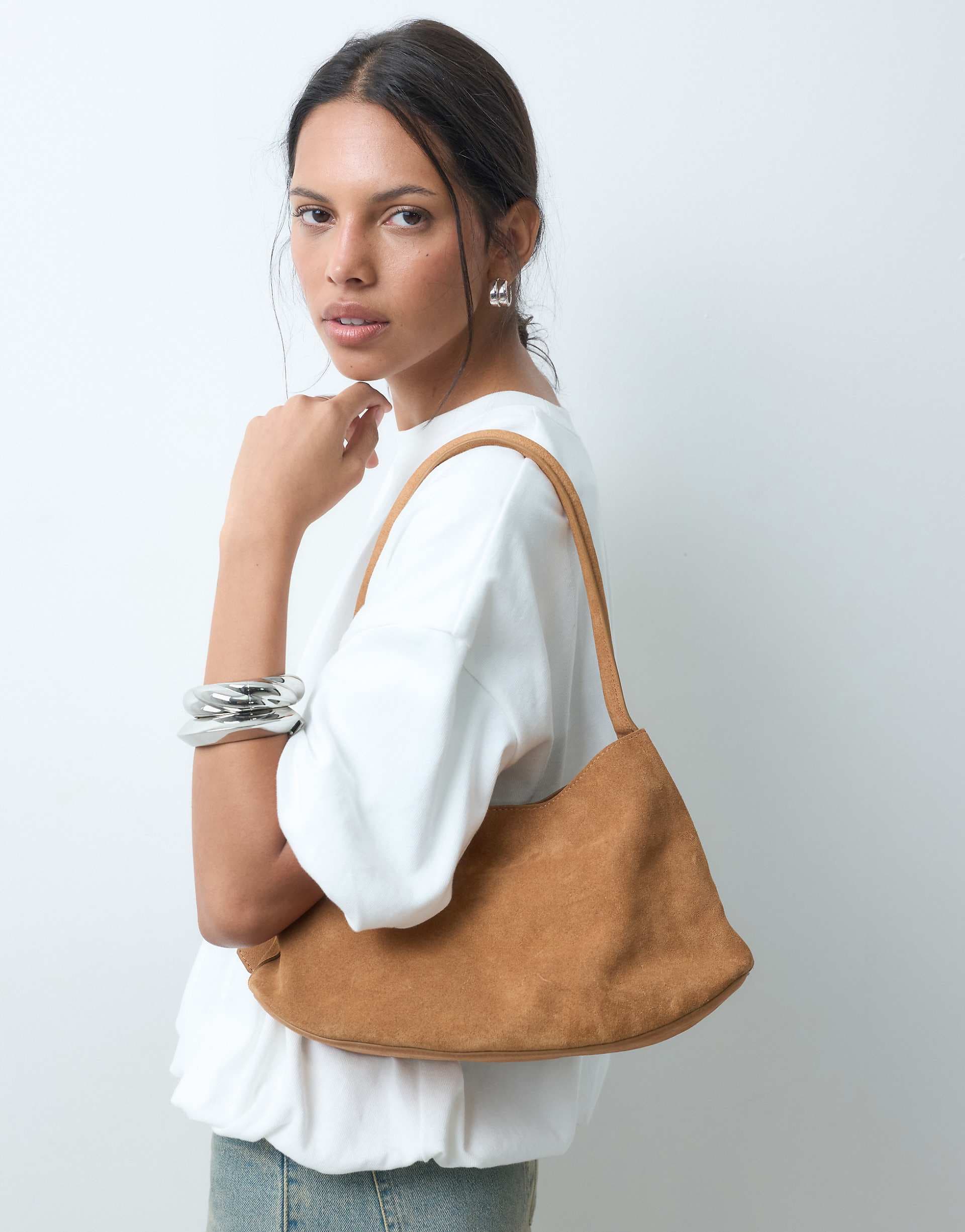 ASOS DESIGN suede shoulder bag with internal pouch in tan